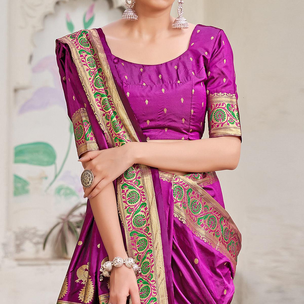 Purple Festive Wear Woven Banarasi Soft Silk Saree - Peachmode
