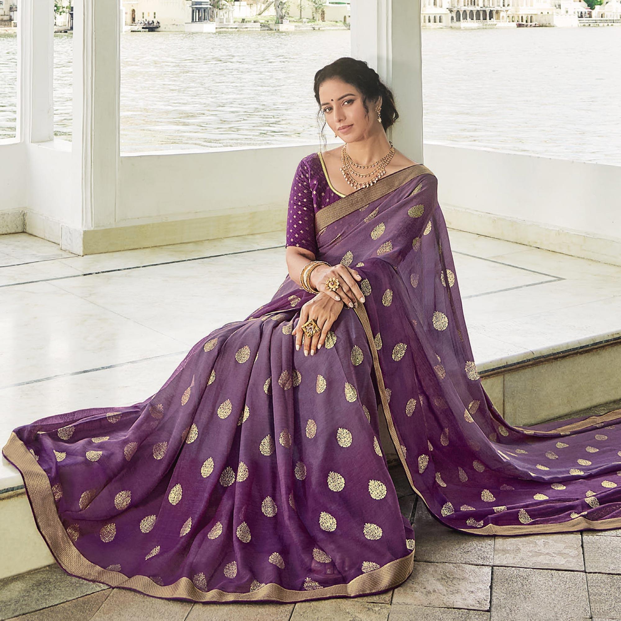 Purple Festive Wear Woven Chiffon Saree - Peachmode