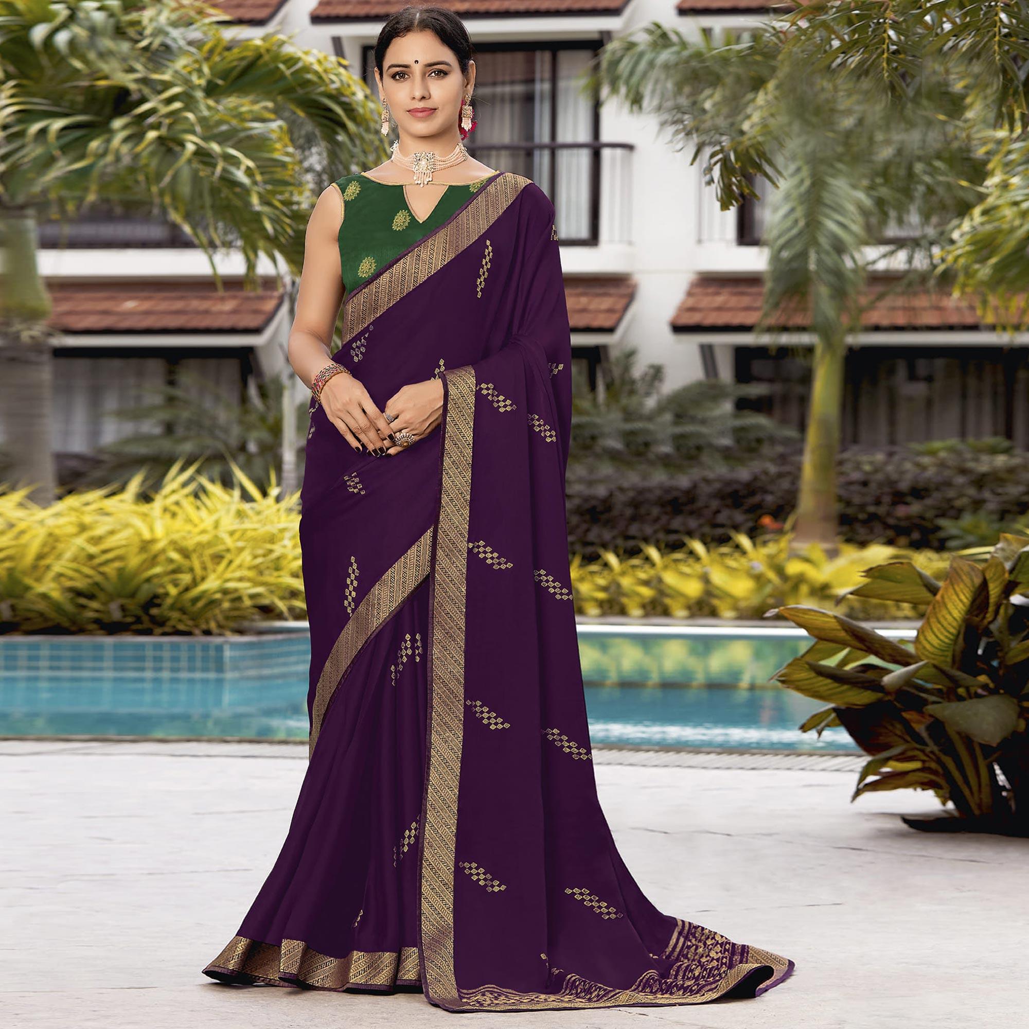 Purple Festive Wear Woven Chiffon Saree - Peachmode