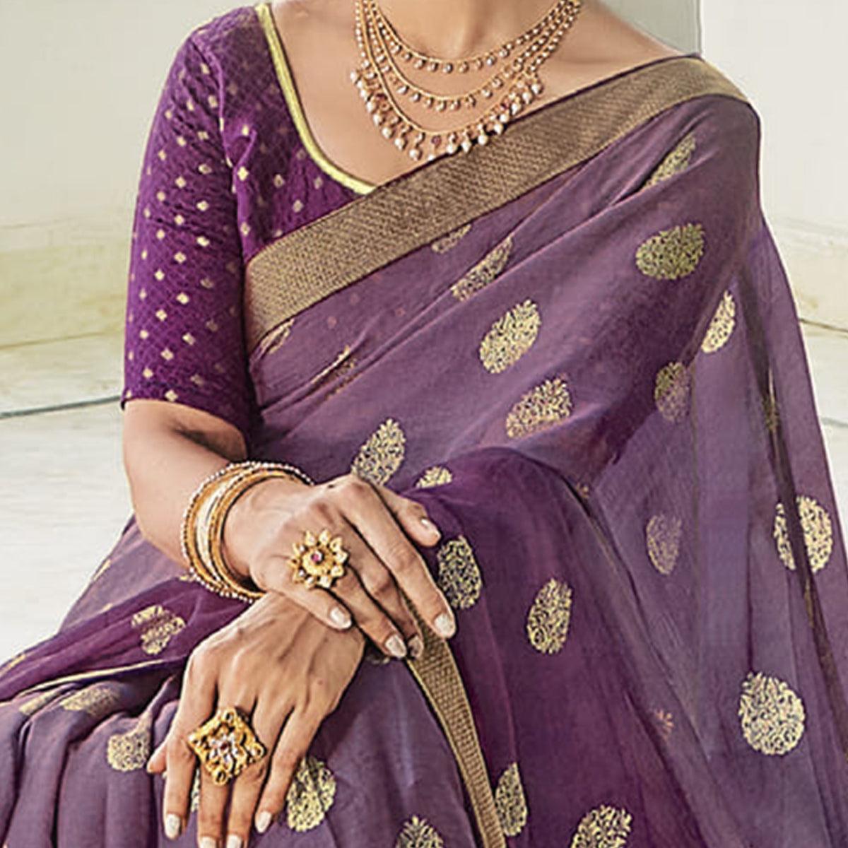 Purple Festive Wear Woven Chiffon Saree - Peachmode