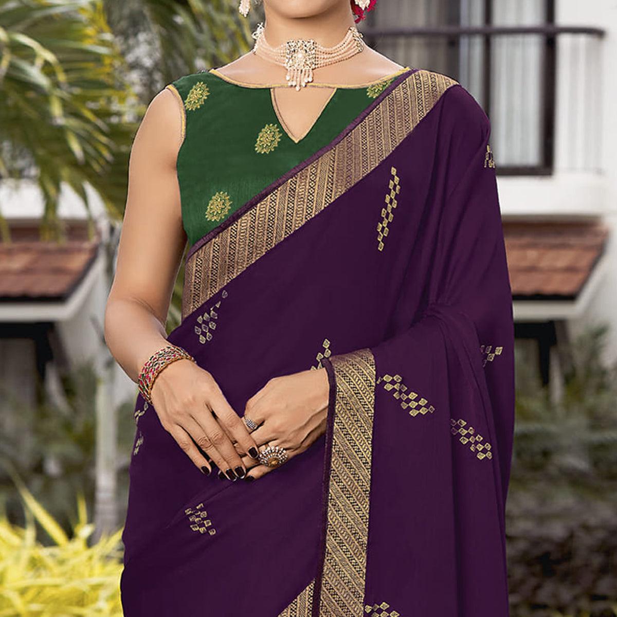 Purple Festive Wear Woven Chiffon Saree - Peachmode