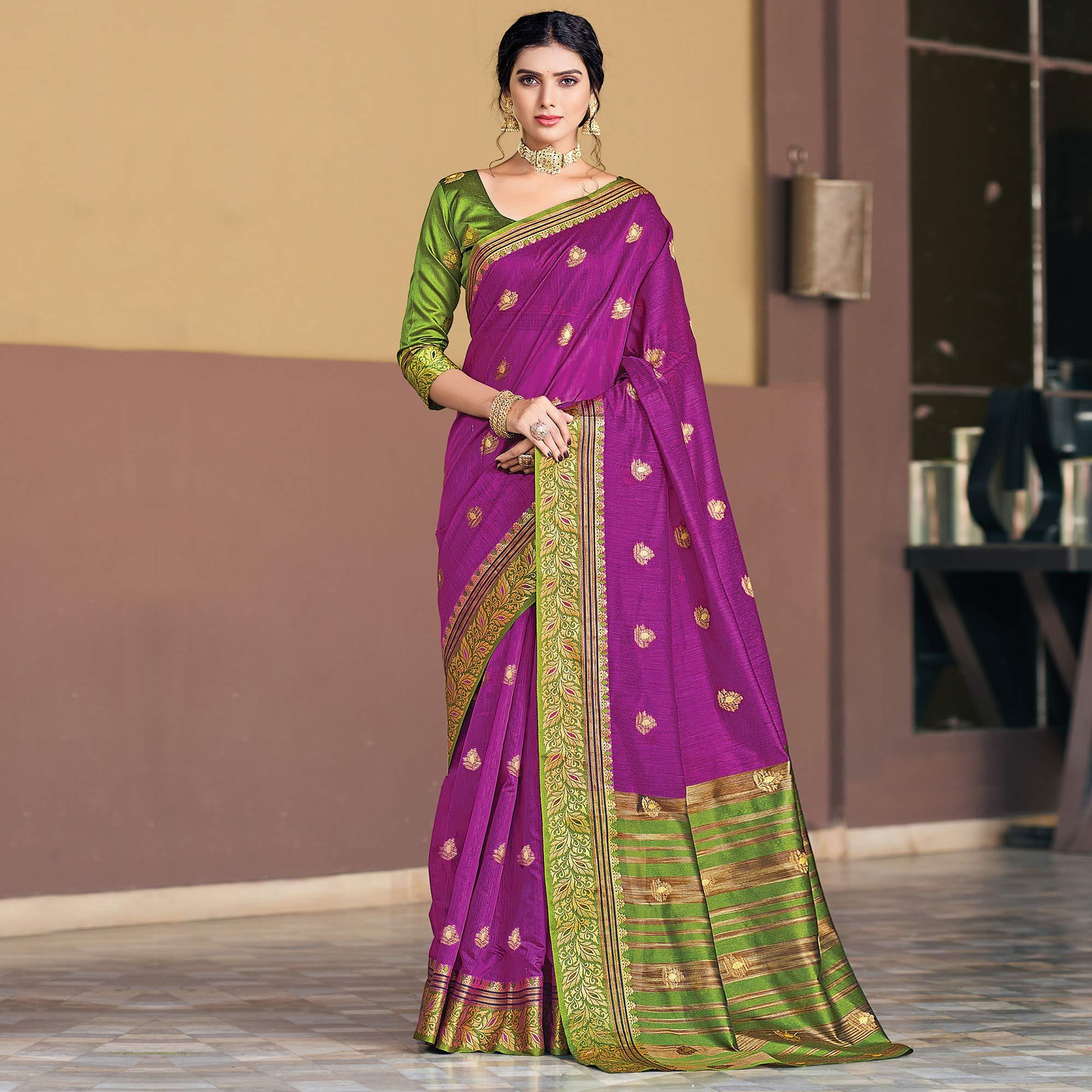 Purple Festive Wear Woven Cotton Saree - Peachmode