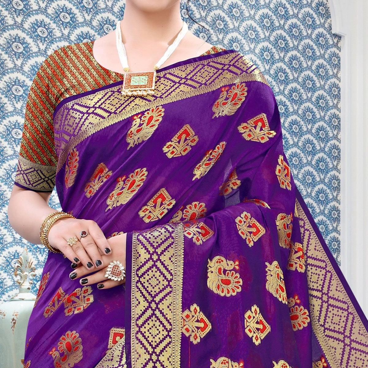 Purple Festive Wear Woven Cotton Saree With Tassels - Peachmode