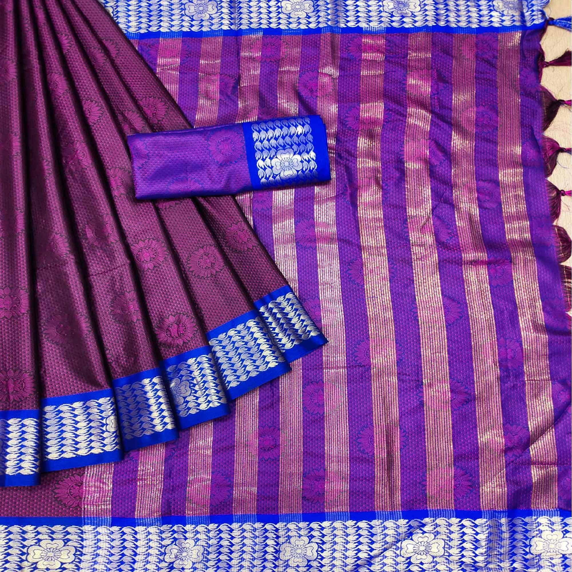 Purple Festive Wear Woven Cotton Silk Saree - Peachmode