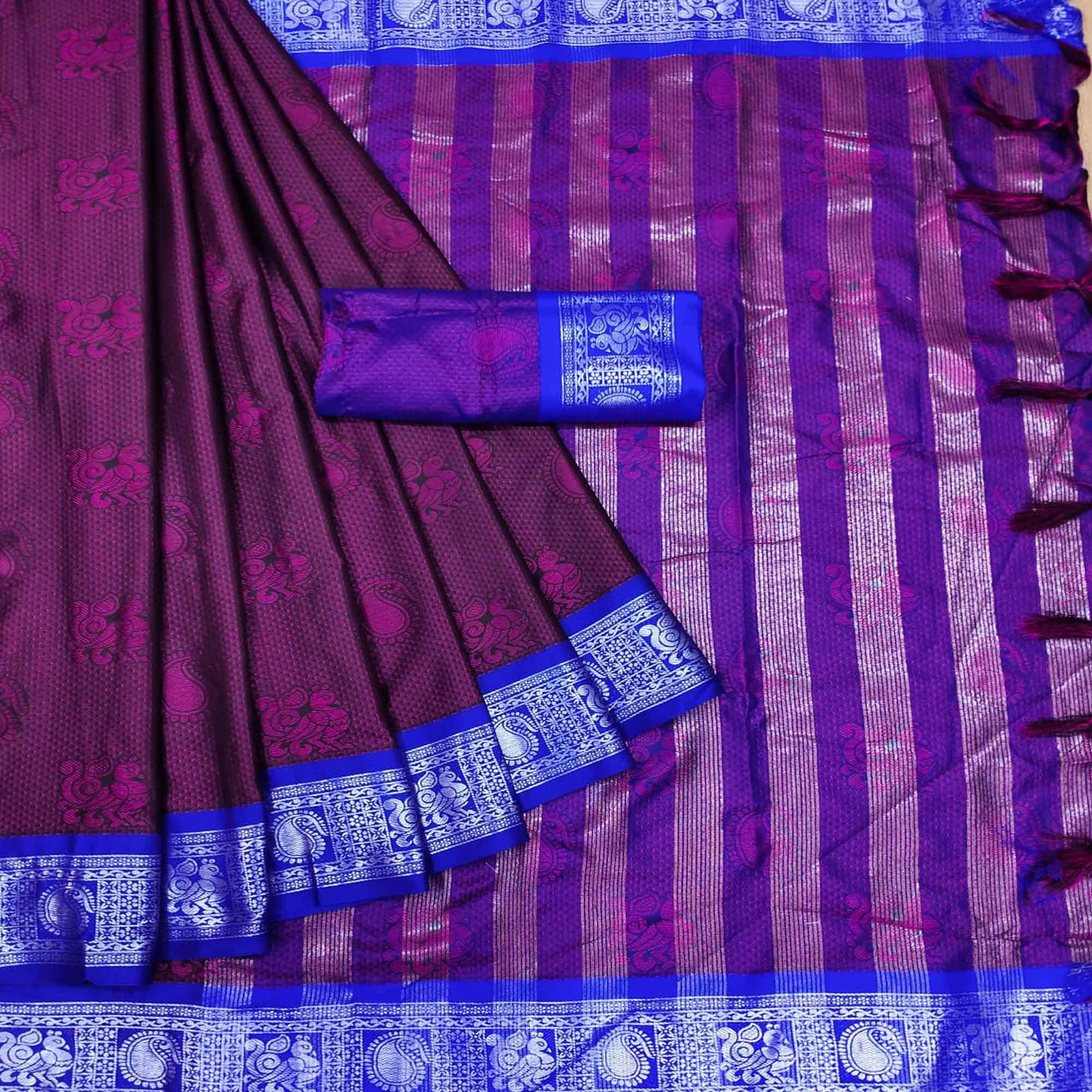 Purple Festive Wear Woven Cotton Silk Saree - Peachmode