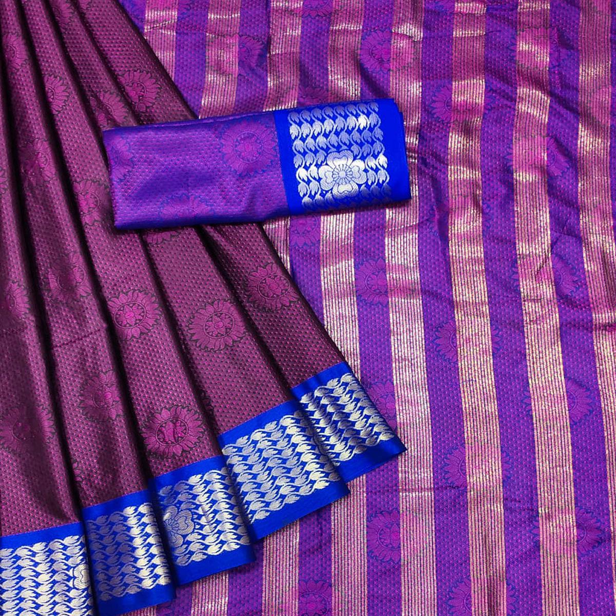 Purple Festive Wear Woven Cotton Silk Saree - Peachmode