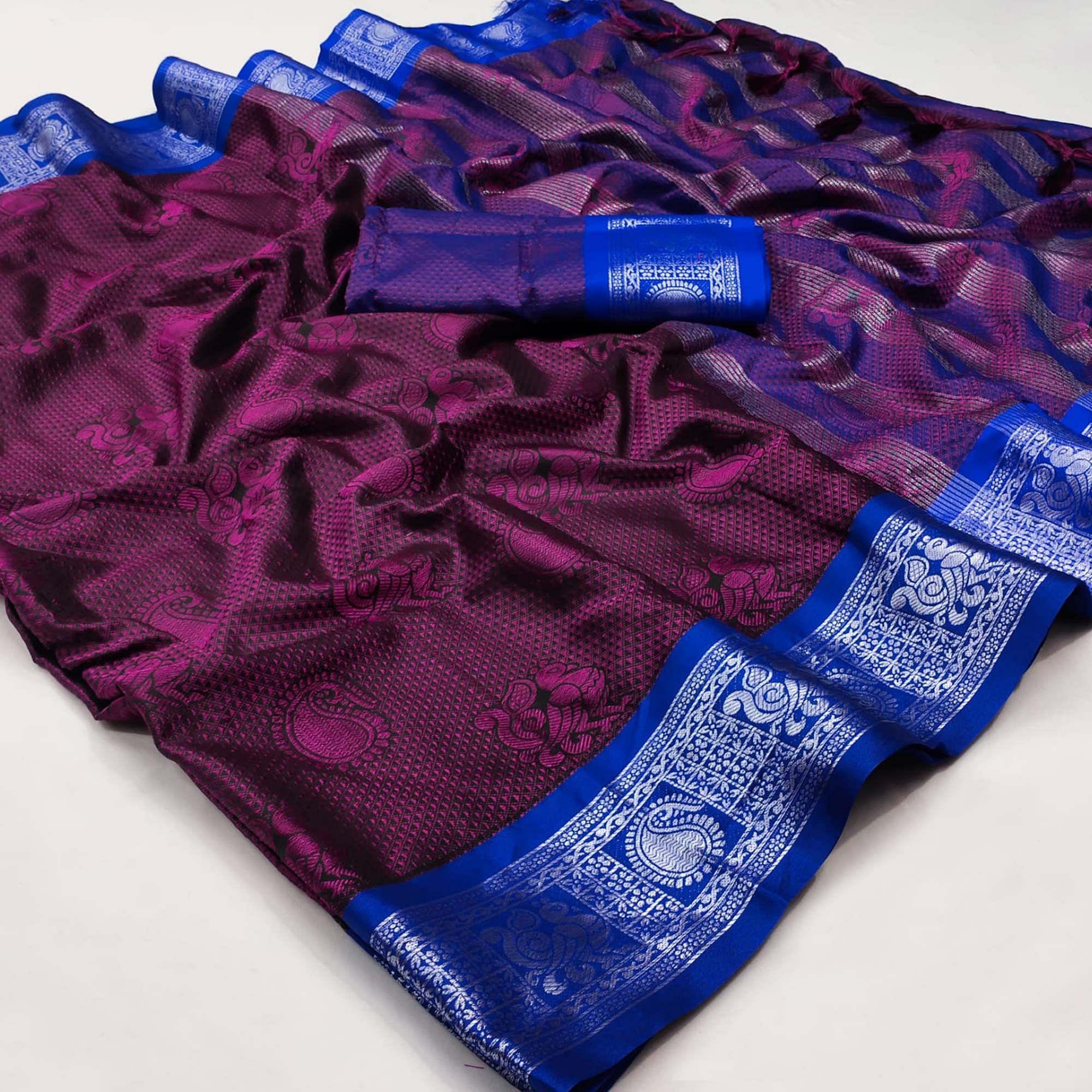 Purple Festive Wear Woven Cotton Silk Saree - Peachmode