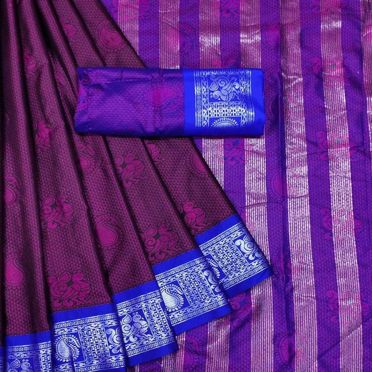 Purple Festive Wear Woven Cotton Silk Saree - Peachmode