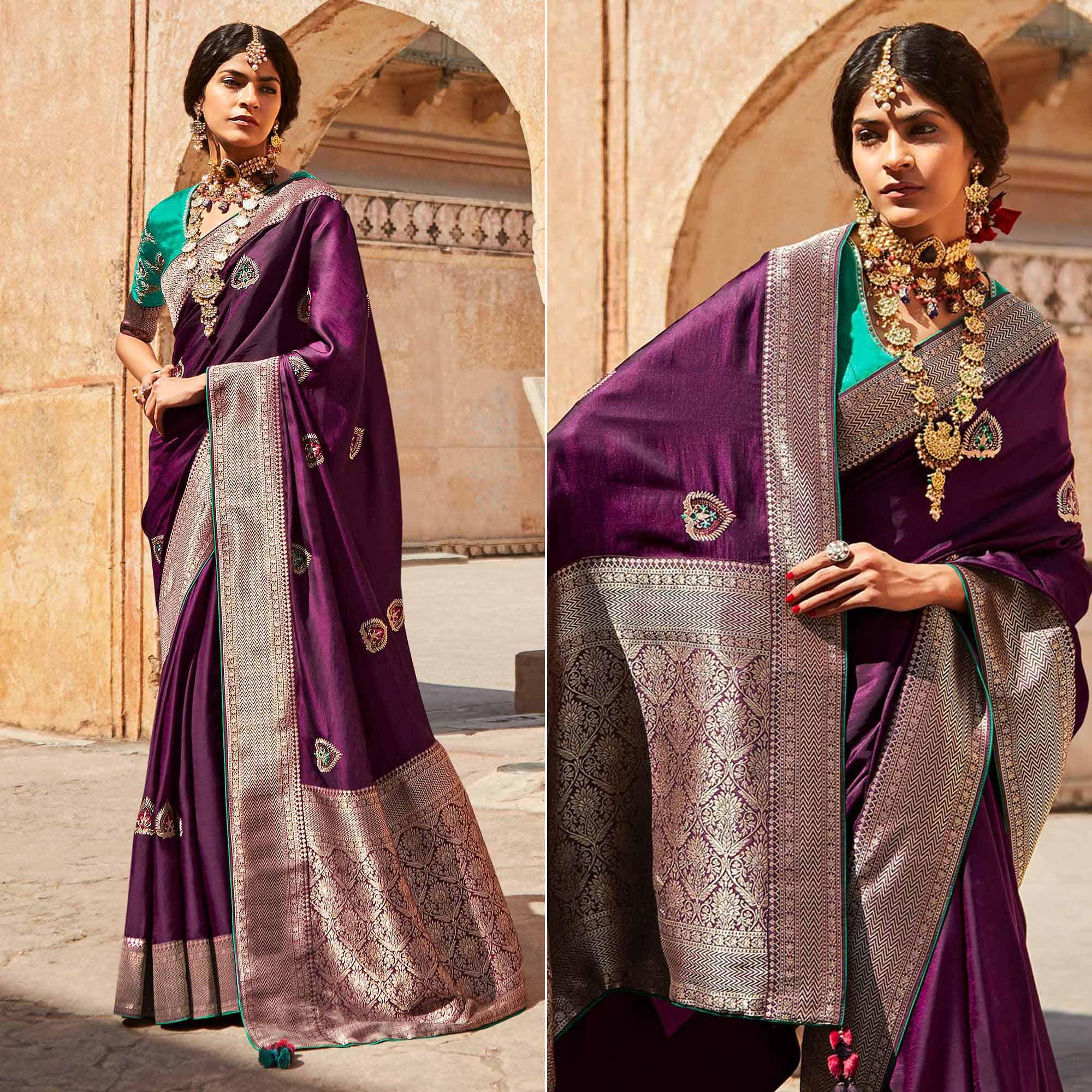 Purple Festive Wear Woven-Embroidered Silk Saree - Peachmode