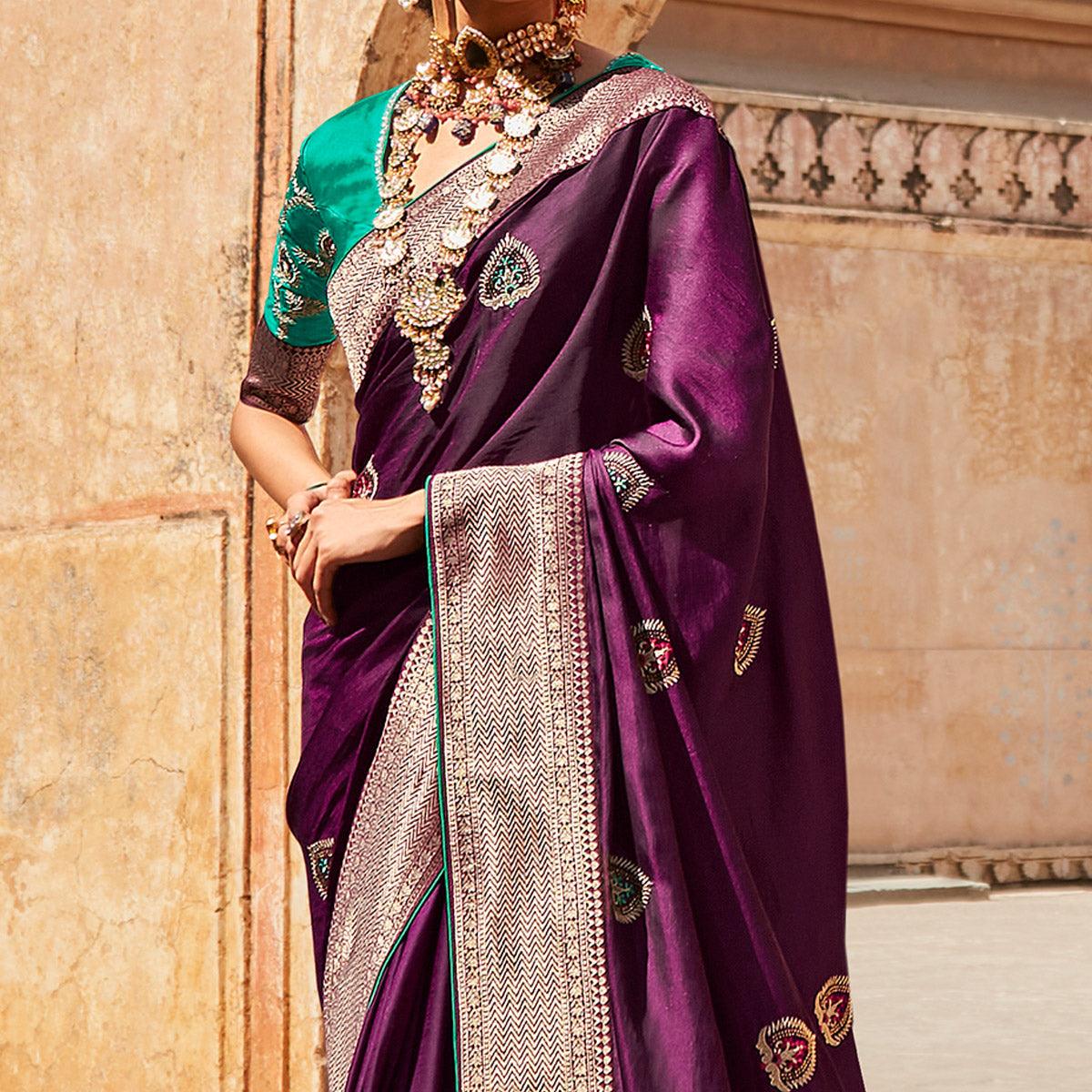 Purple Festive Wear Woven-Embroidered Silk Saree - Peachmode