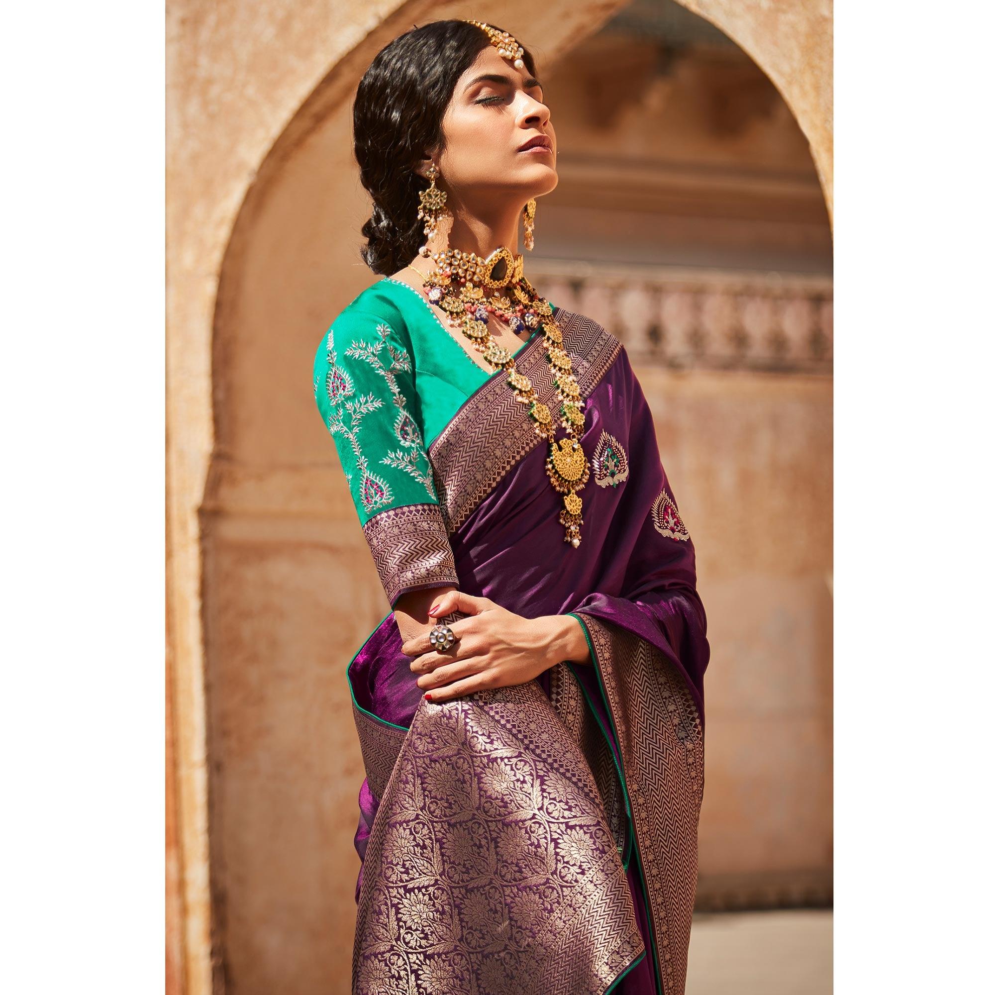 Purple Festive Wear Woven-Embroidered Silk Saree - Peachmode