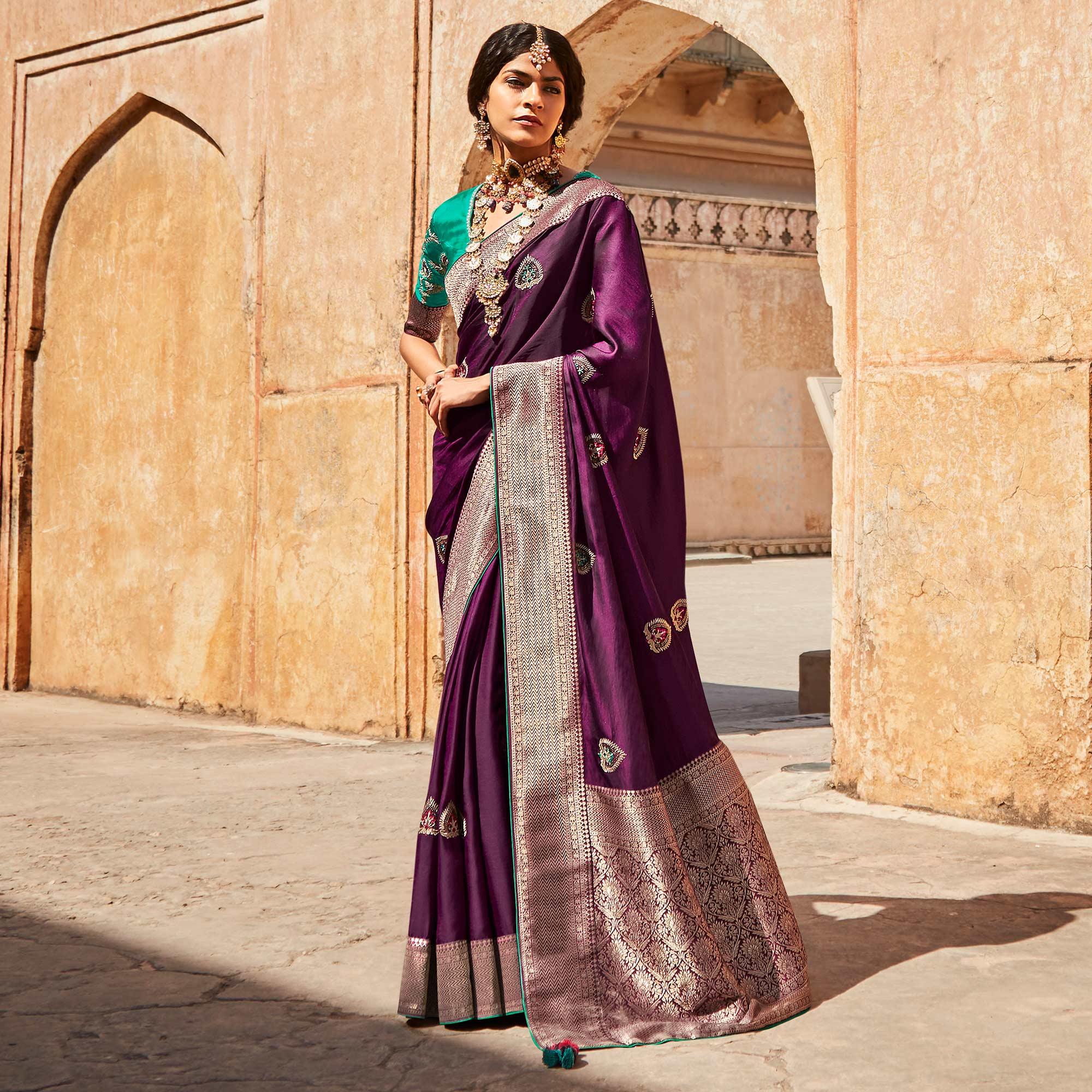 Purple Festive Wear Woven-Embroidered Silk Saree - Peachmode