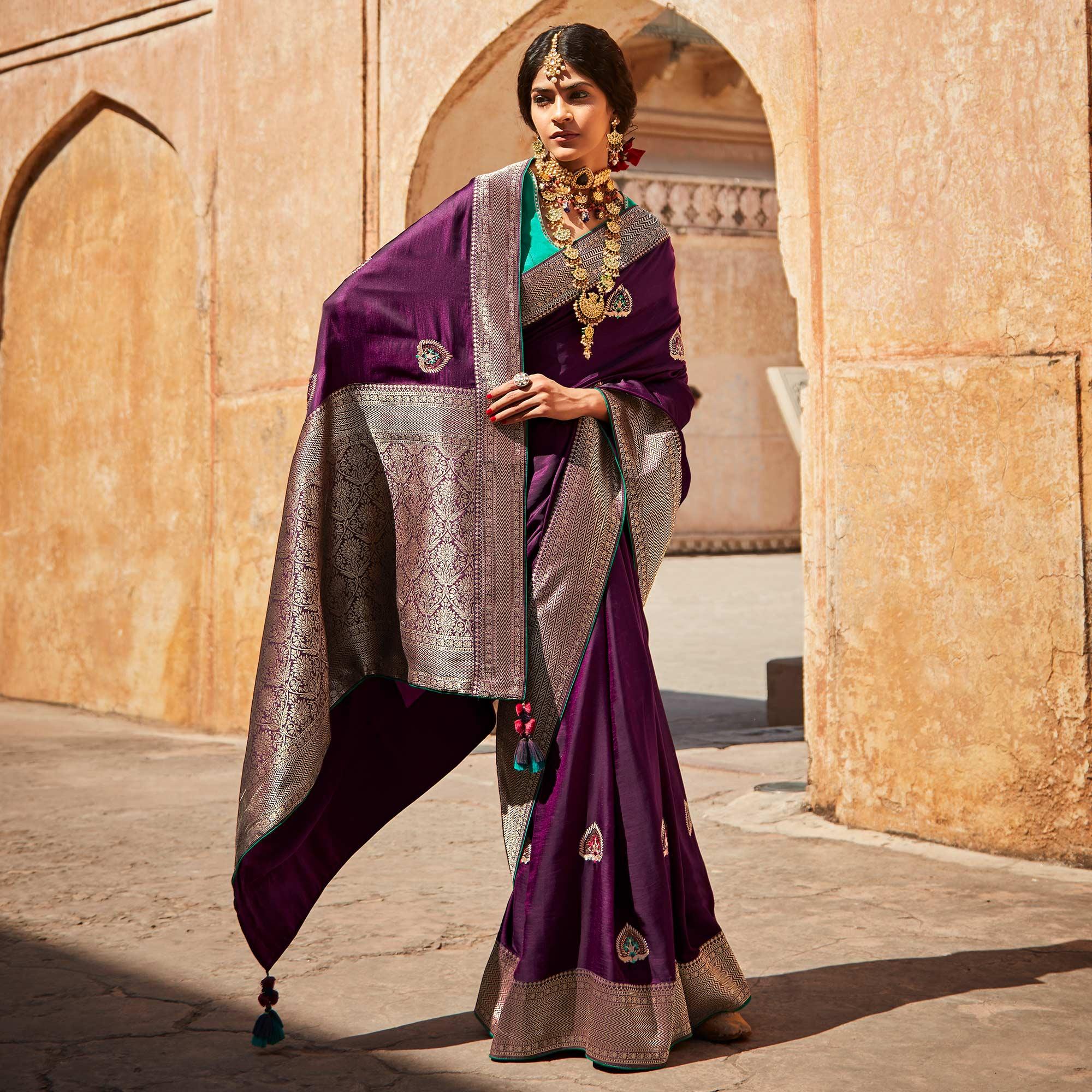 Purple Festive Wear Woven-Embroidered Silk Saree - Peachmode