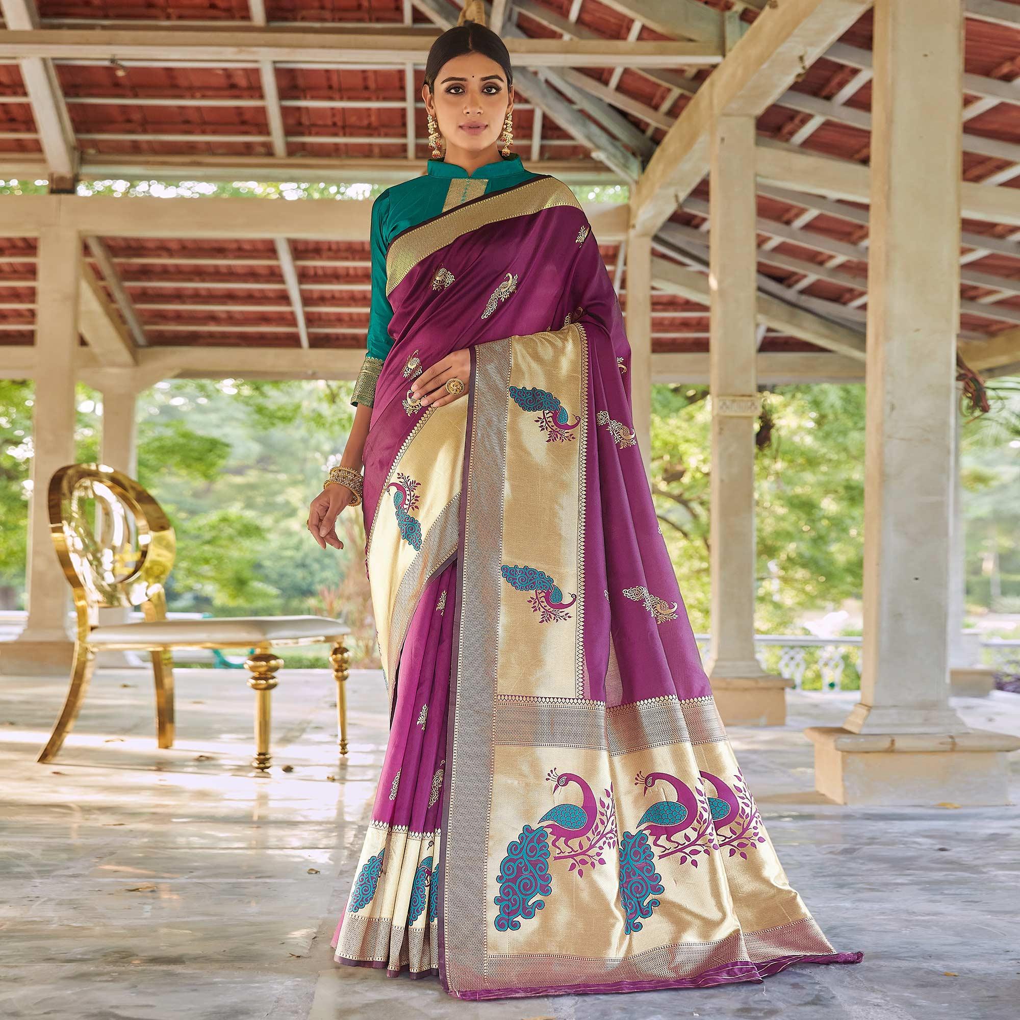 Purple Festive Wear Woven Handloom Silk Saree - Peachmode