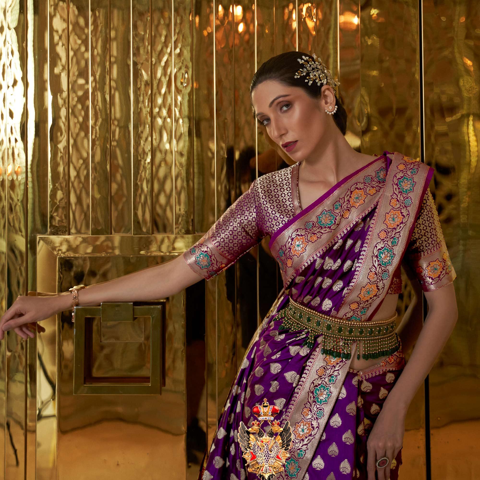 Purple Festive Wear Woven Handloom Silk Saree - Peachmode