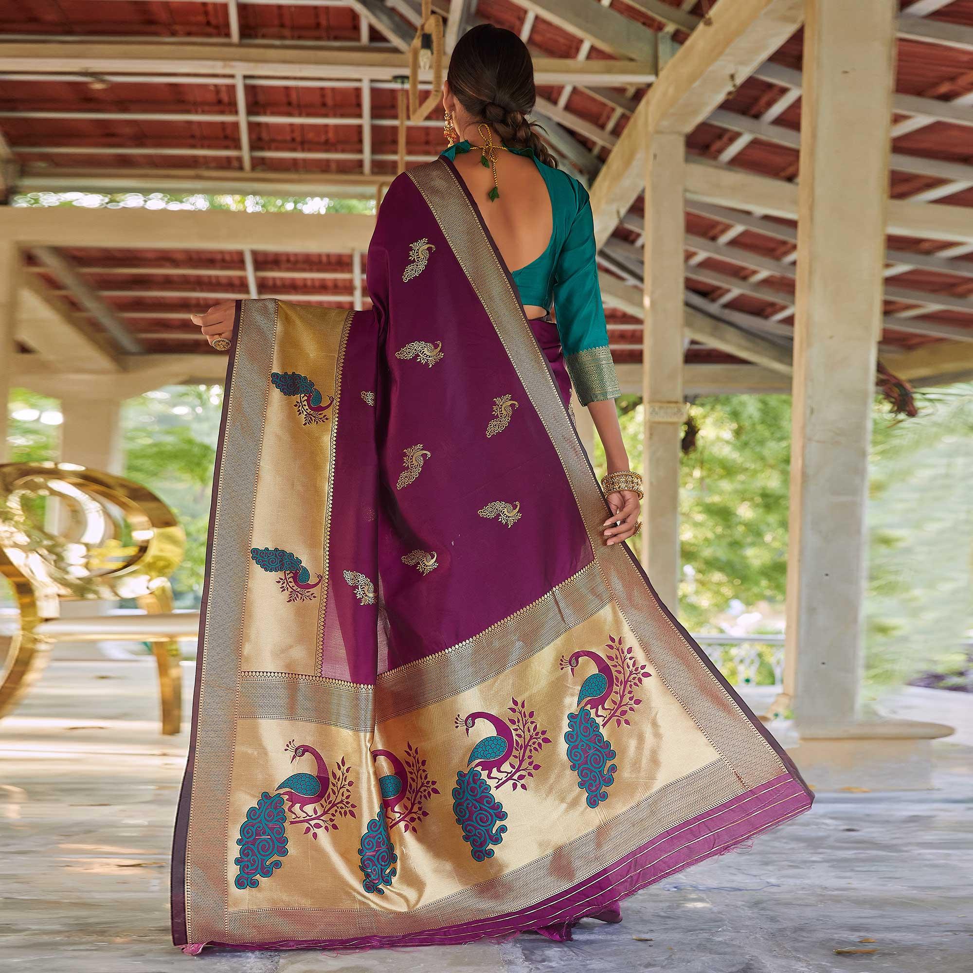 Purple Festive Wear Woven Handloom Silk Saree - Peachmode