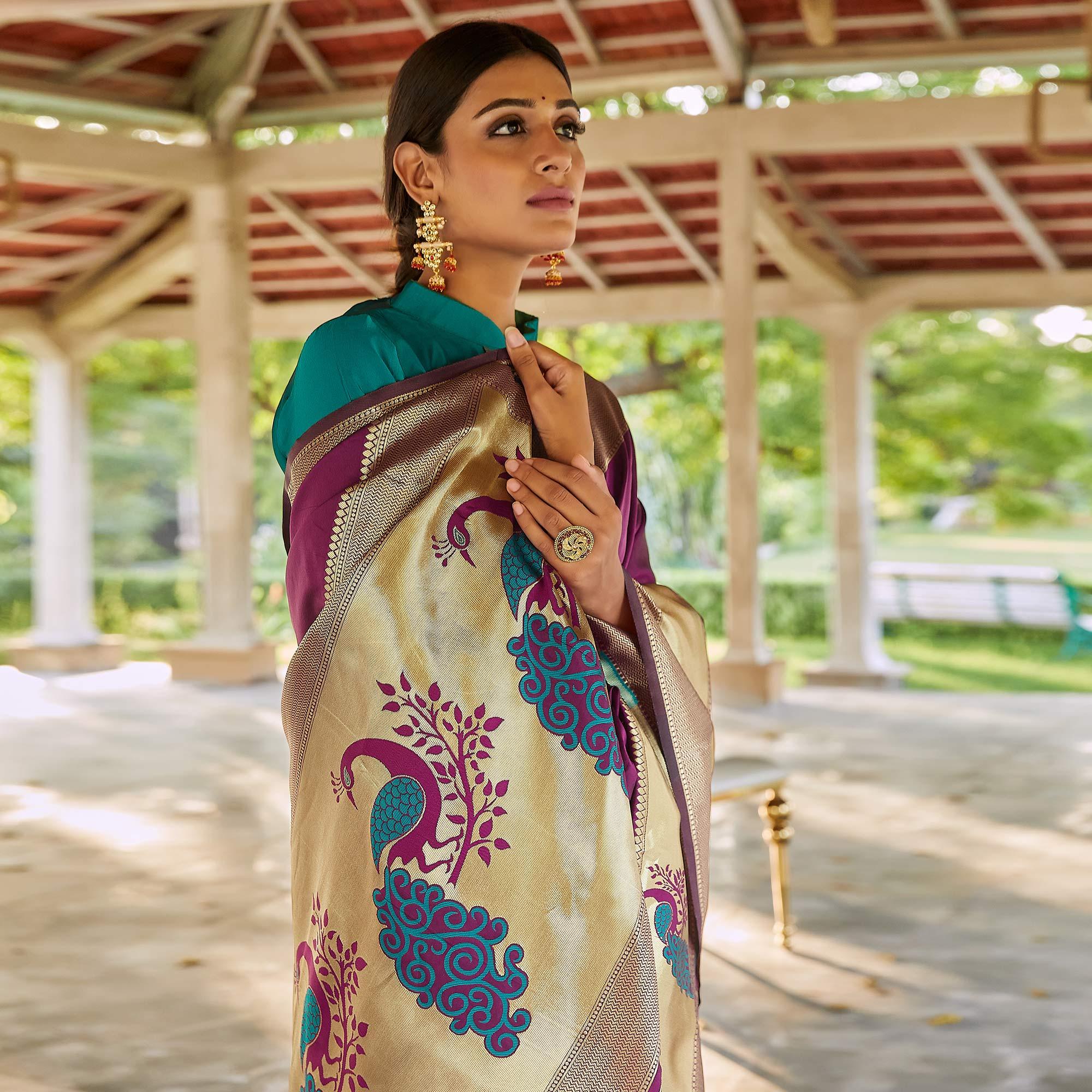 Purple Festive Wear Woven Handloom Silk Saree - Peachmode