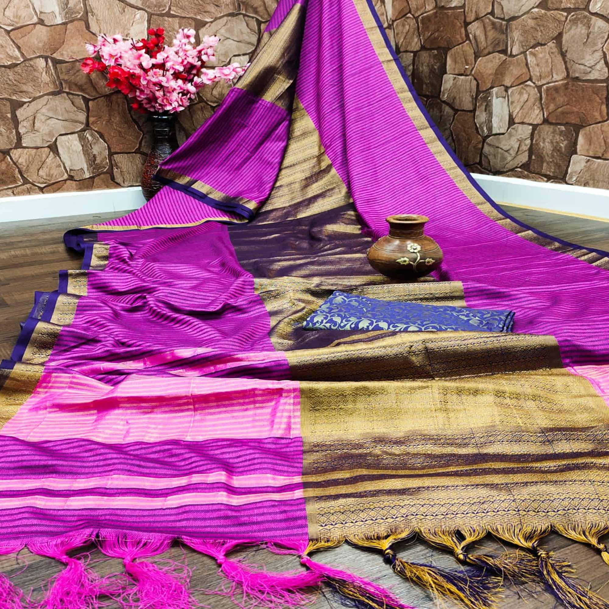 Purple Festive Wear Woven Heavy Rich Cotton Silk Saree - Peachmode