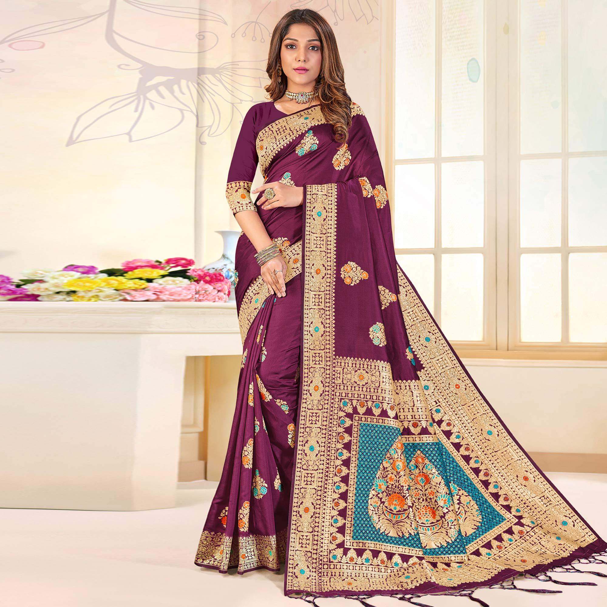 Purple Festive Wear Woven Jari Border Soft Silk Saree - Peachmode
