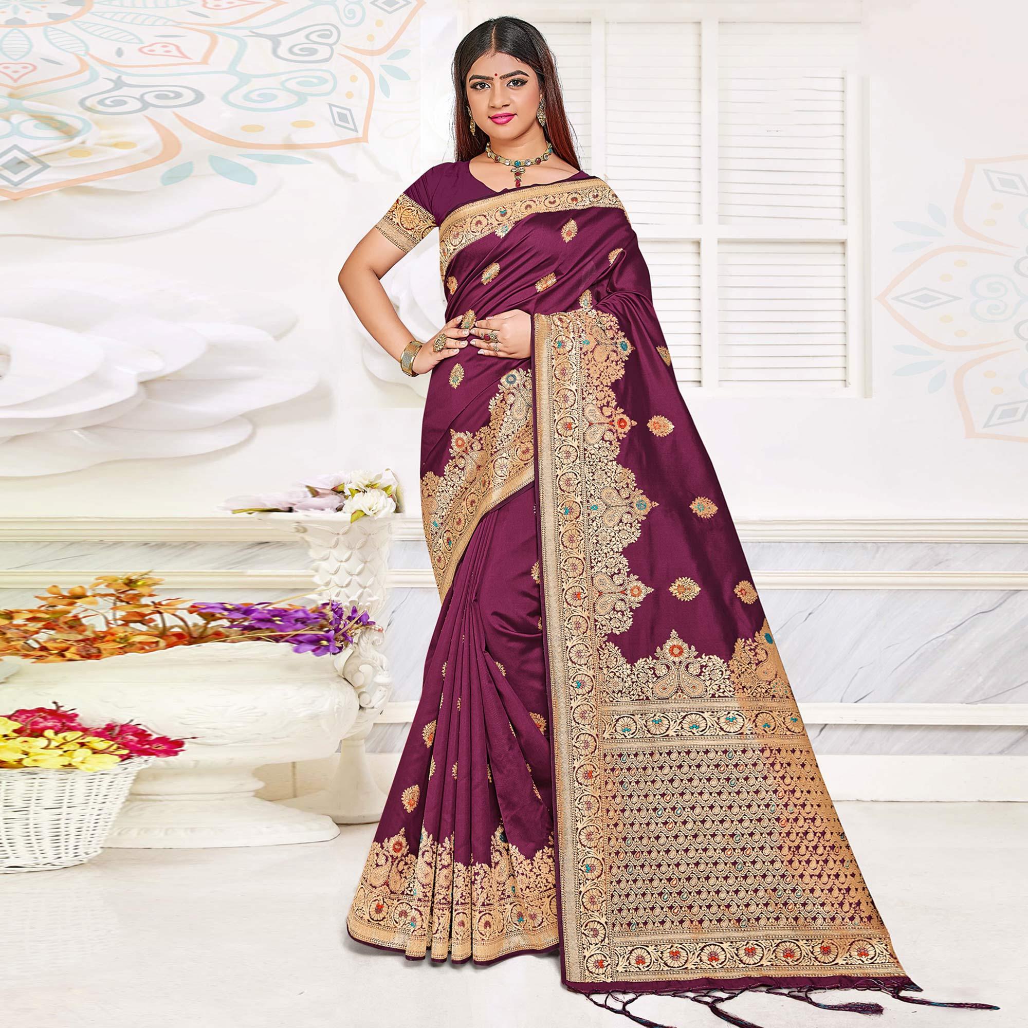 Purple Festive Wear Woven Jari Border Soft Silk Saree - Peachmode