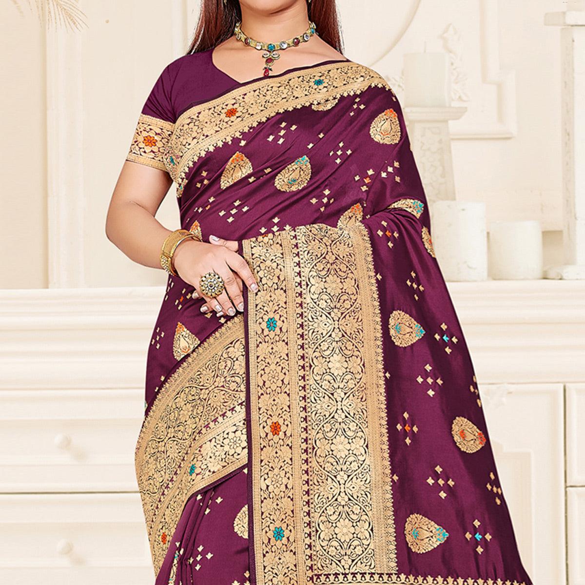 Purple Festive Wear Woven Jari Border Soft Silk Saree - Peachmode