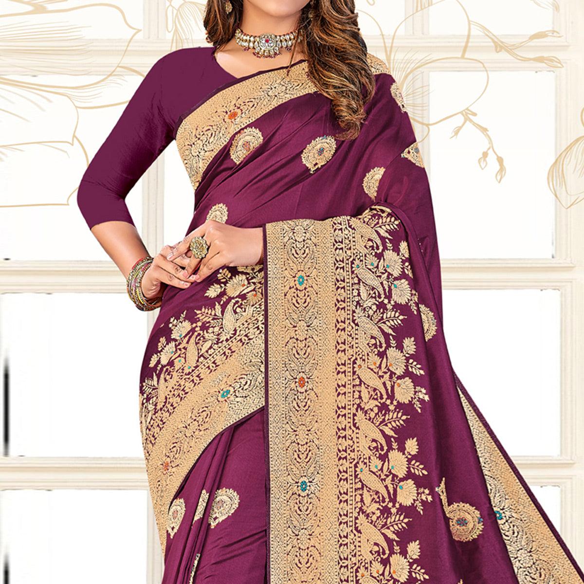 Purple Festive Wear Woven Jari Border Soft Silk Saree - Peachmode