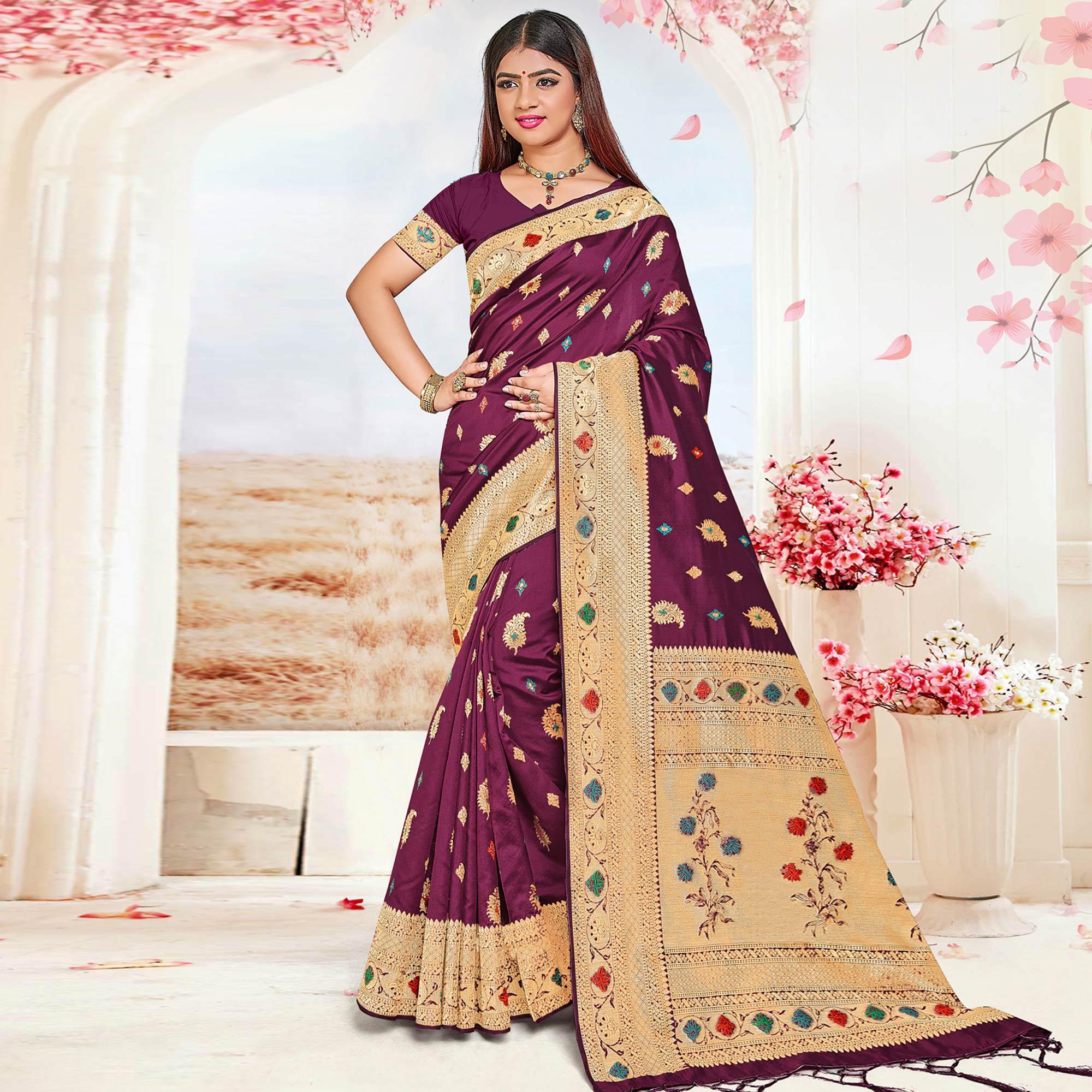 Purple Festive Wear Woven Jari Border Soft Silk Saree - Peachmode