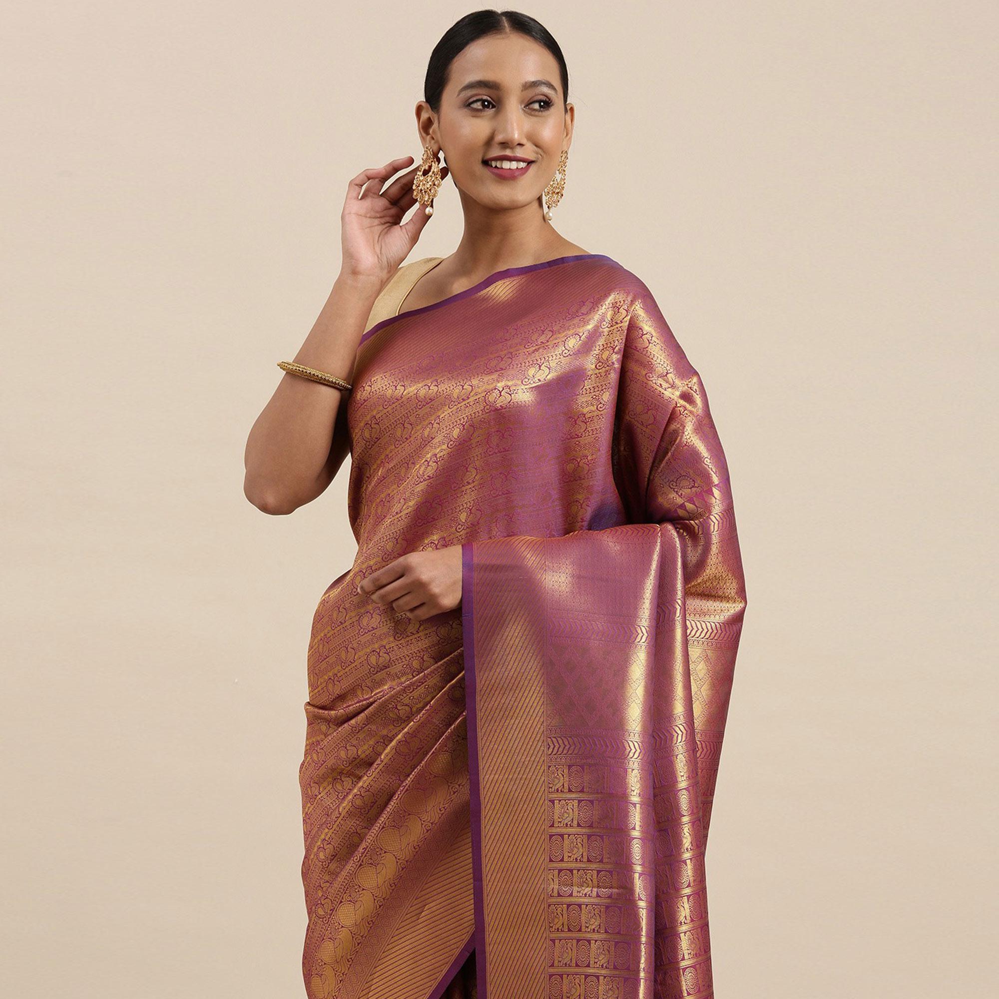 Purple Festive Wear Woven Kanjivaram Silk Saree - Peachmode