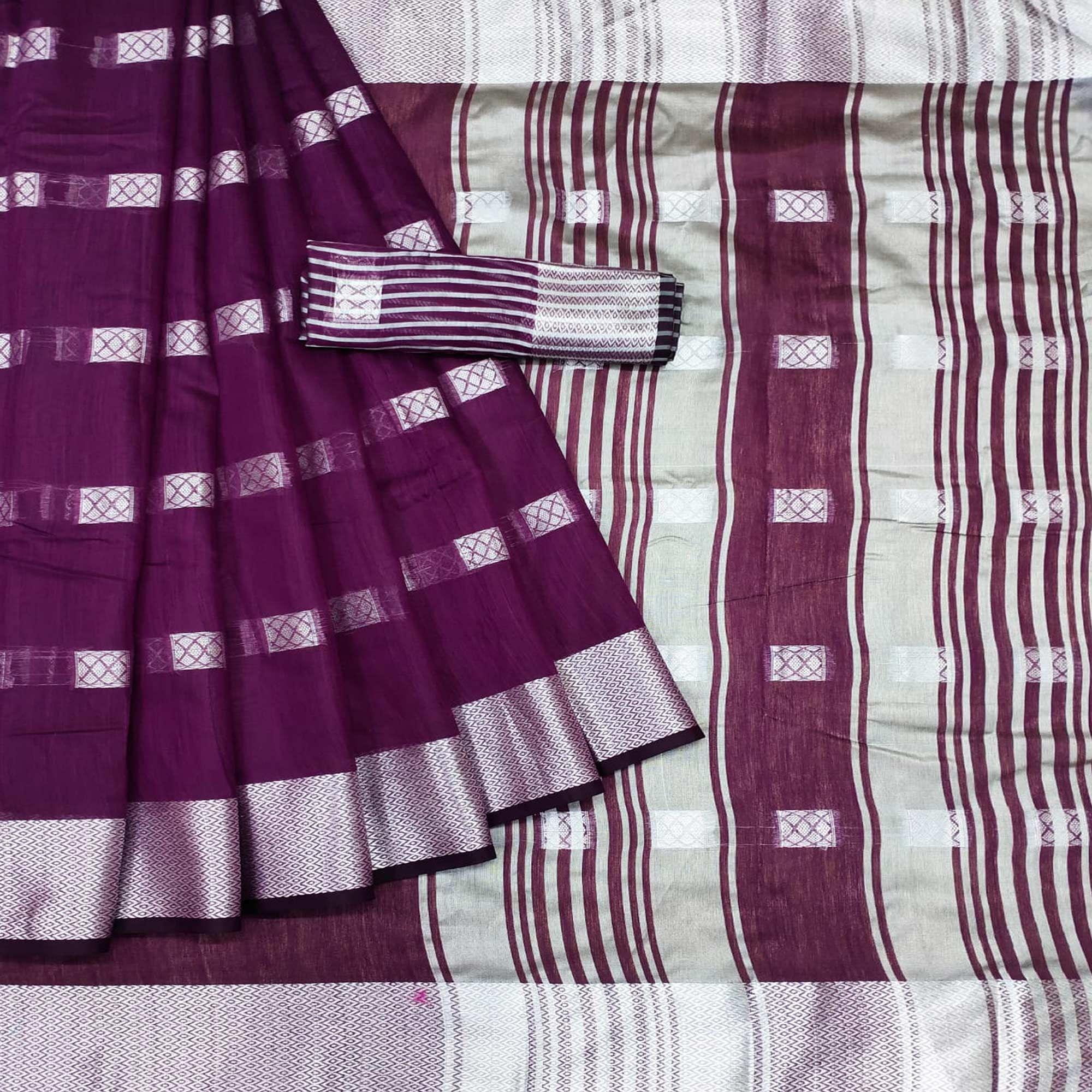 Purple Festive Wear Woven Linen Saree - Peachmode