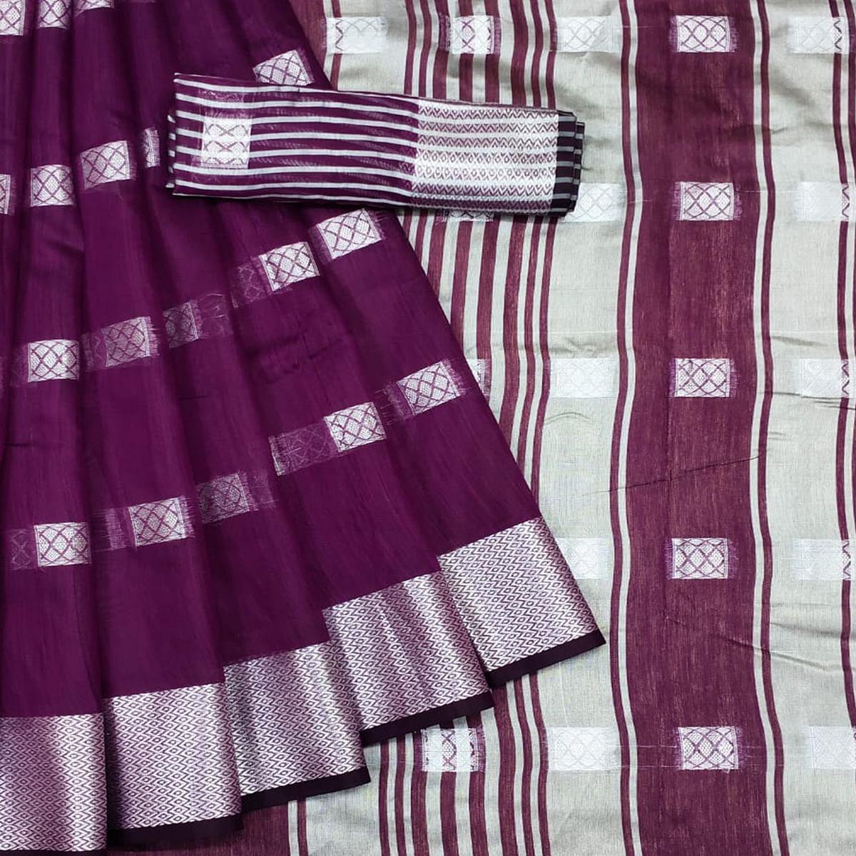 Purple Festive Wear Woven Linen Saree - Peachmode