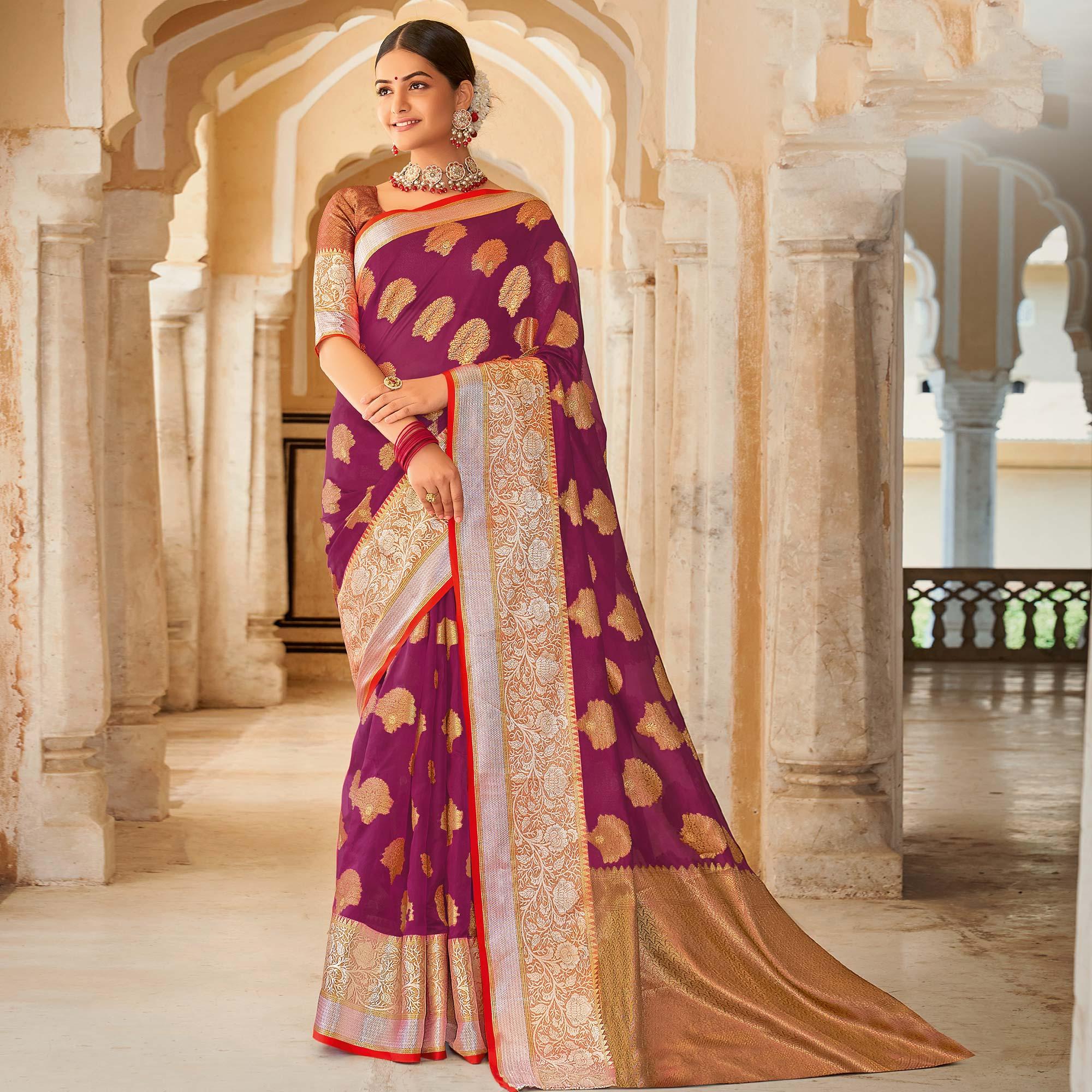 Purple Festive Wear Woven Organza Saree - Peachmode