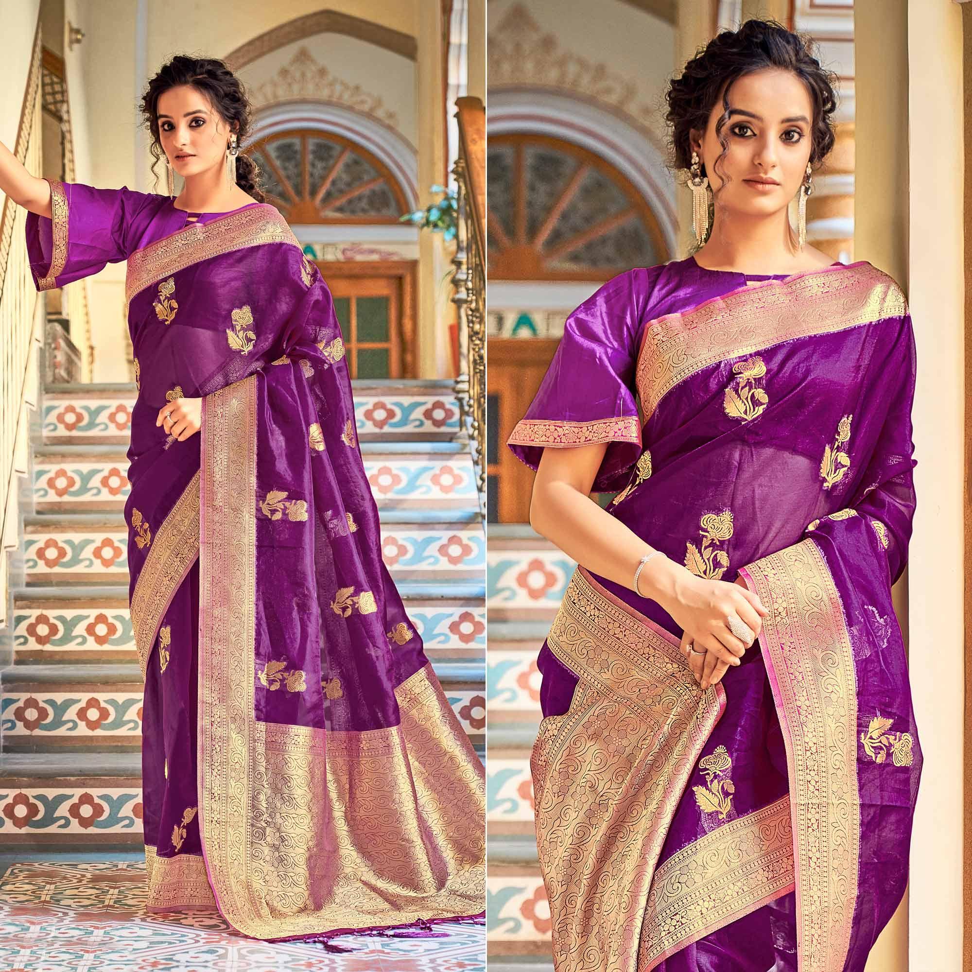 Purple Festive Wear Woven Organza Saree - Peachmode