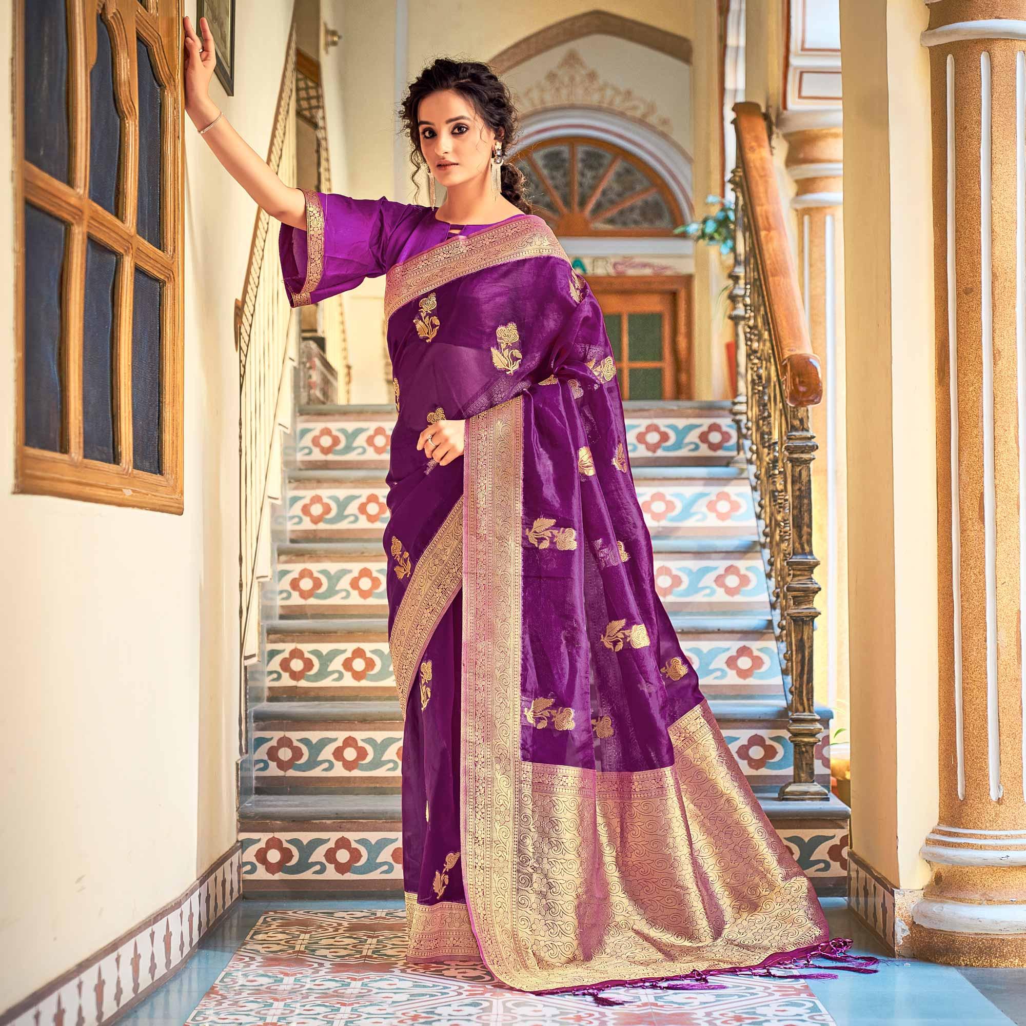 Purple Festive Wear Woven Organza Saree - Peachmode