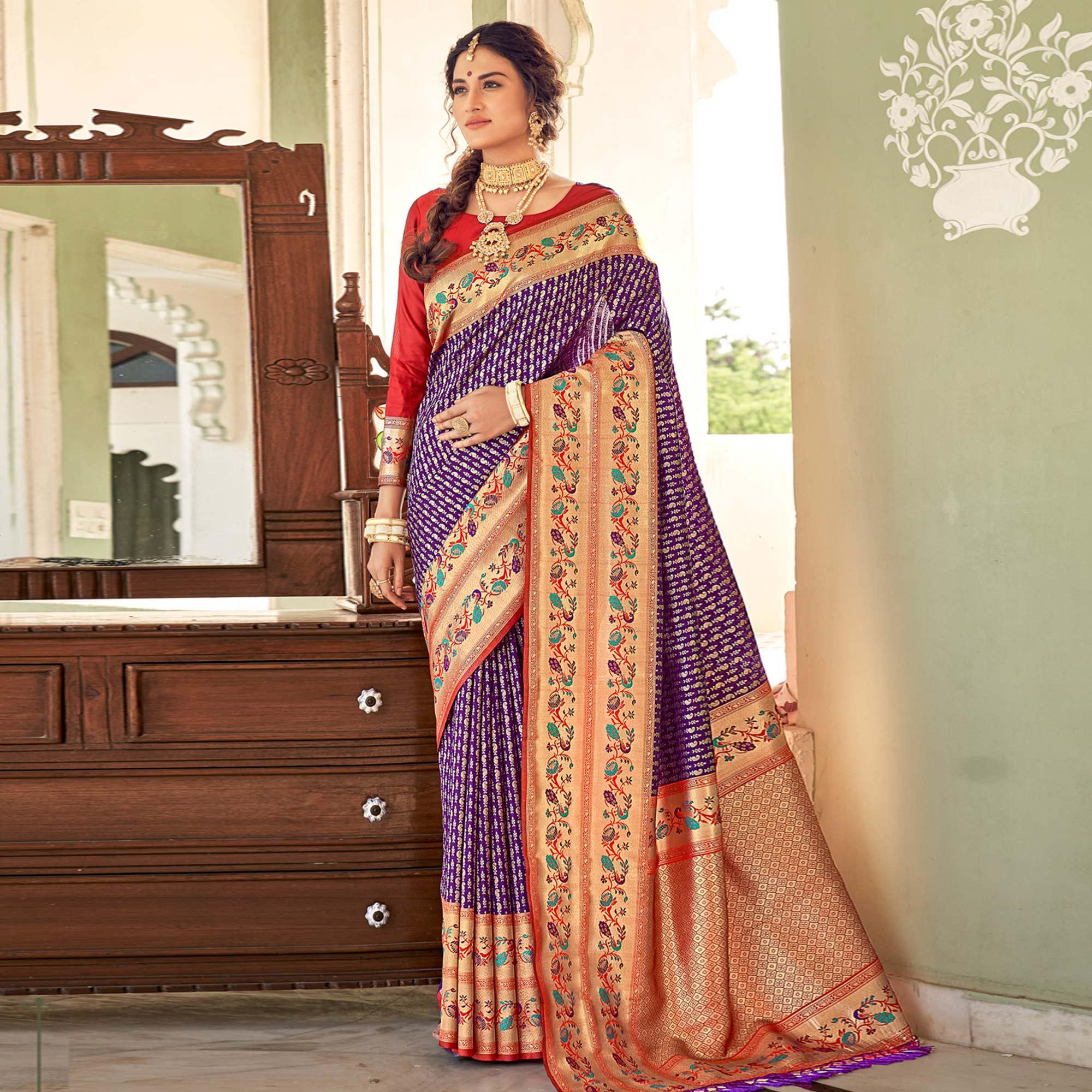 Purple Festive Wear Woven Paithani Silk Saree - Peachmode