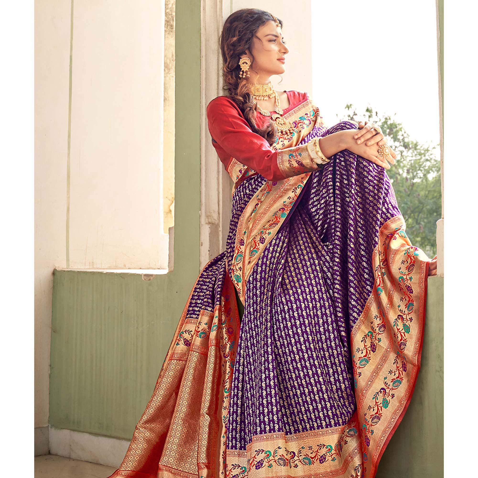 Purple Festive Wear Woven Paithani Silk Saree - Peachmode