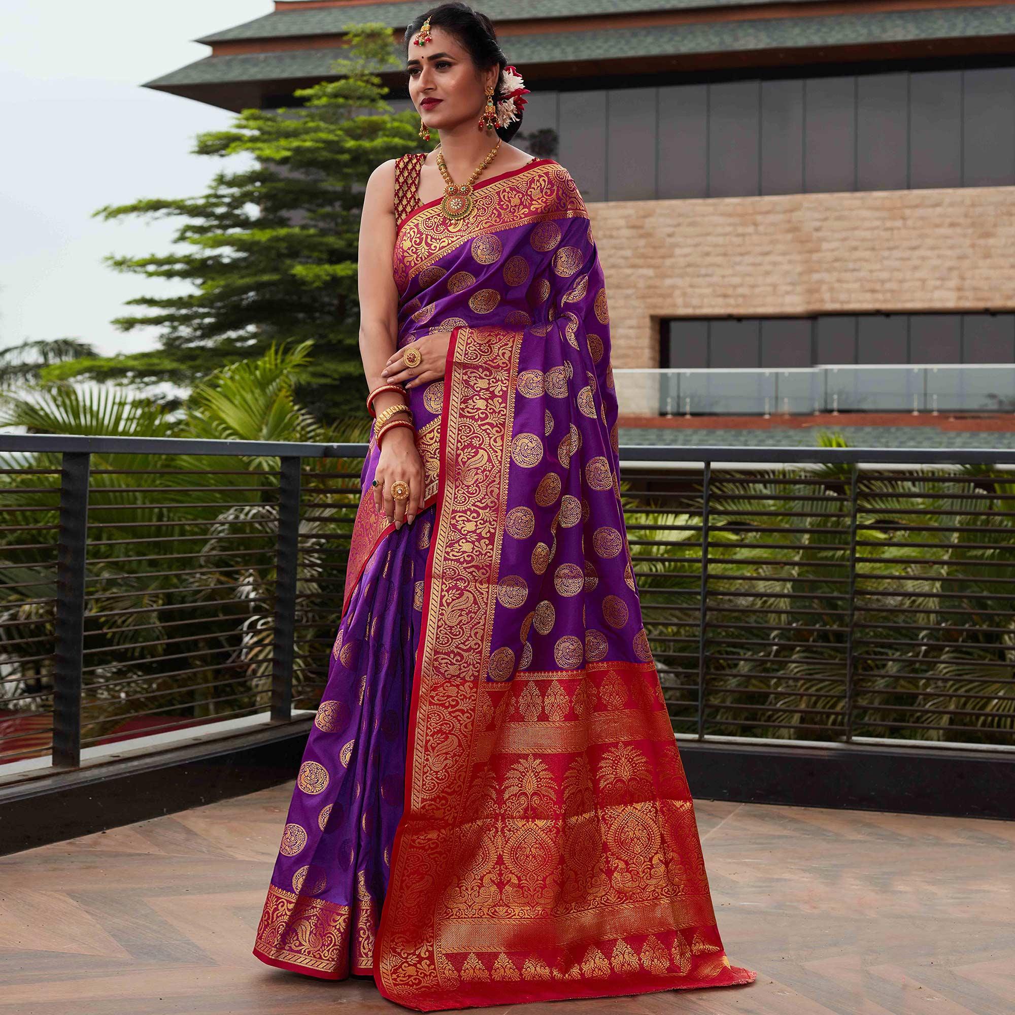 Purple Festive Wear Woven Silk Saree With Meena Butta Rich Pallu - Peachmode