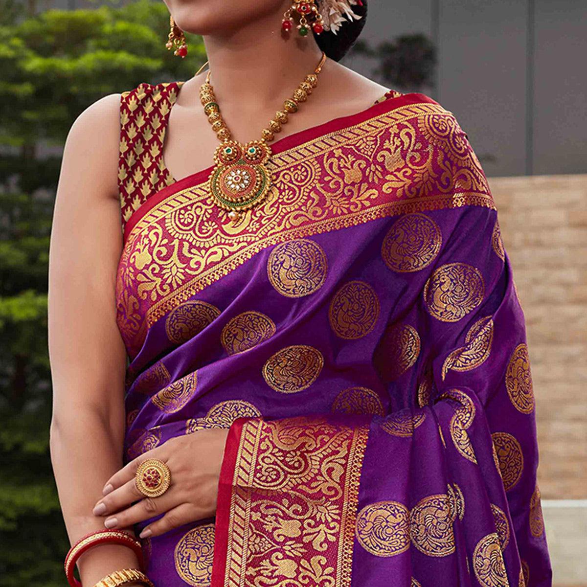Purple Festive Wear Woven Silk Saree With Meena Butta Rich Pallu - Peachmode
