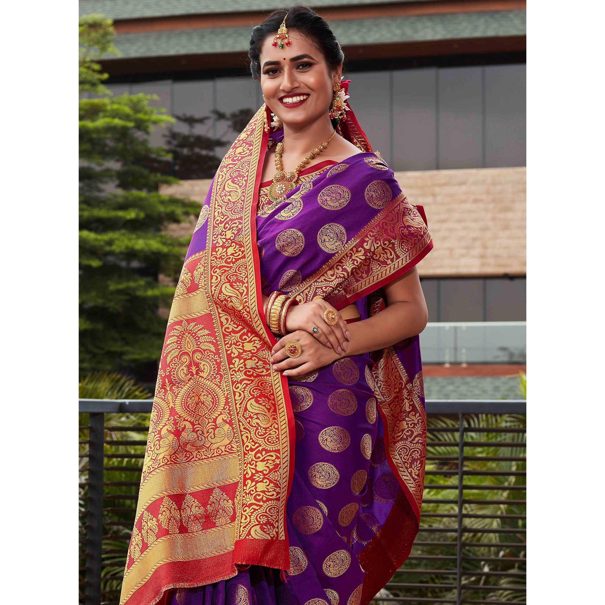 Purple Festive Wear Woven Silk Saree With Meena Butta Rich Pallu - Peachmode