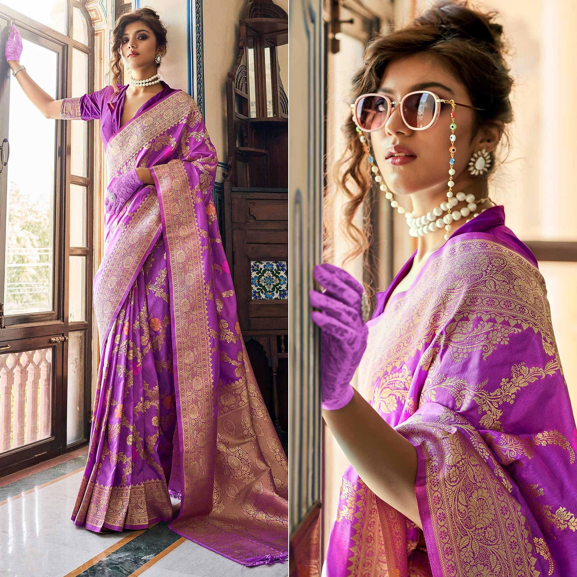 Purple Festive Wear Woven Silk Saree With Tassels - Peachmode