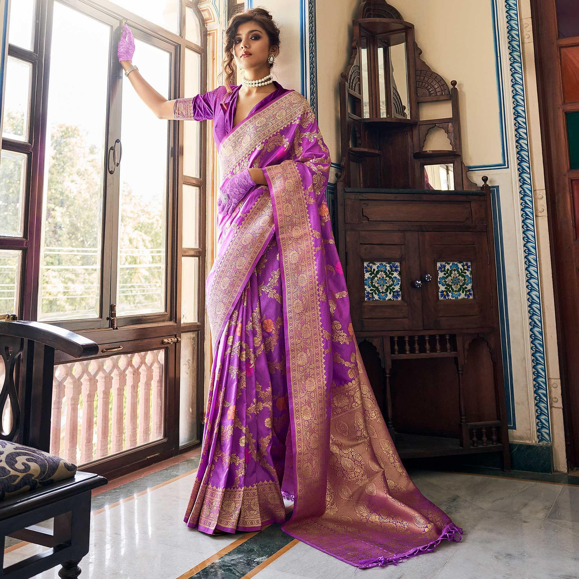 Purple Festive Wear Woven Silk Saree With Tassels - Peachmode