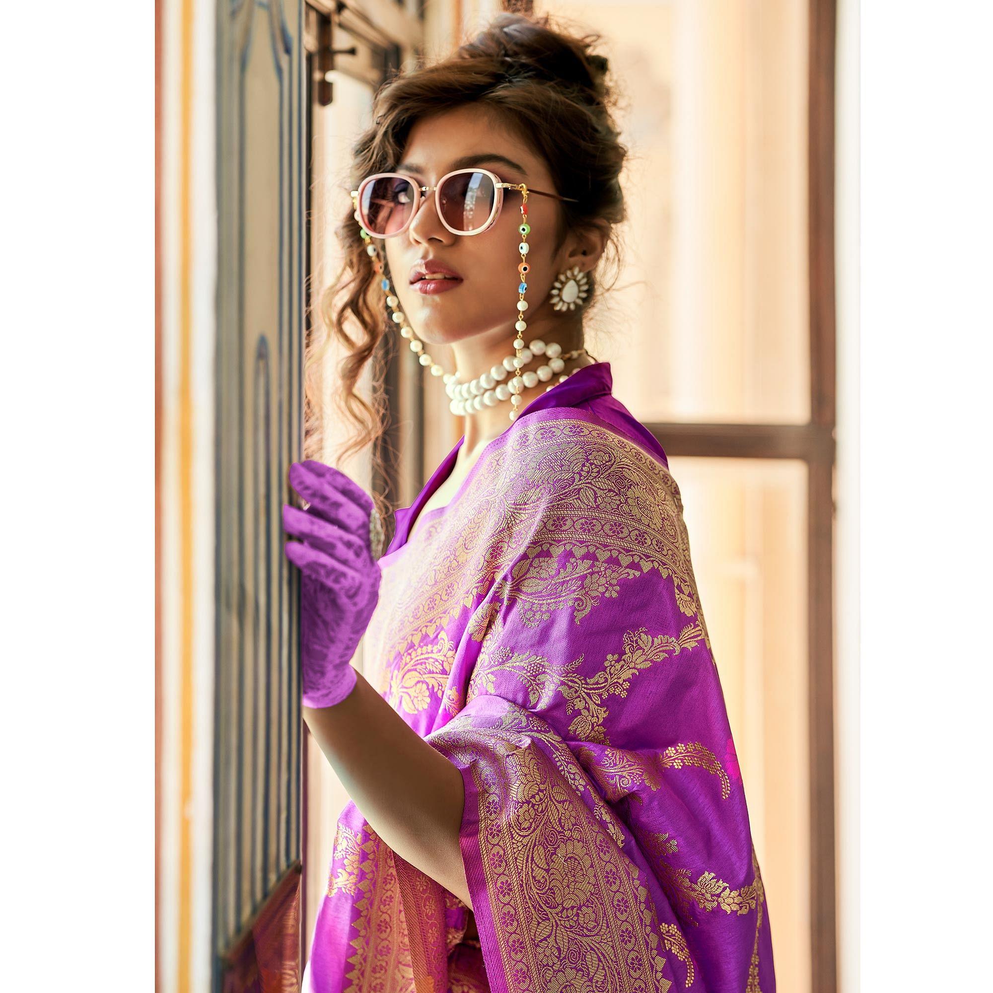 Purple Festive Wear Woven Silk Saree With Tassels - Peachmode