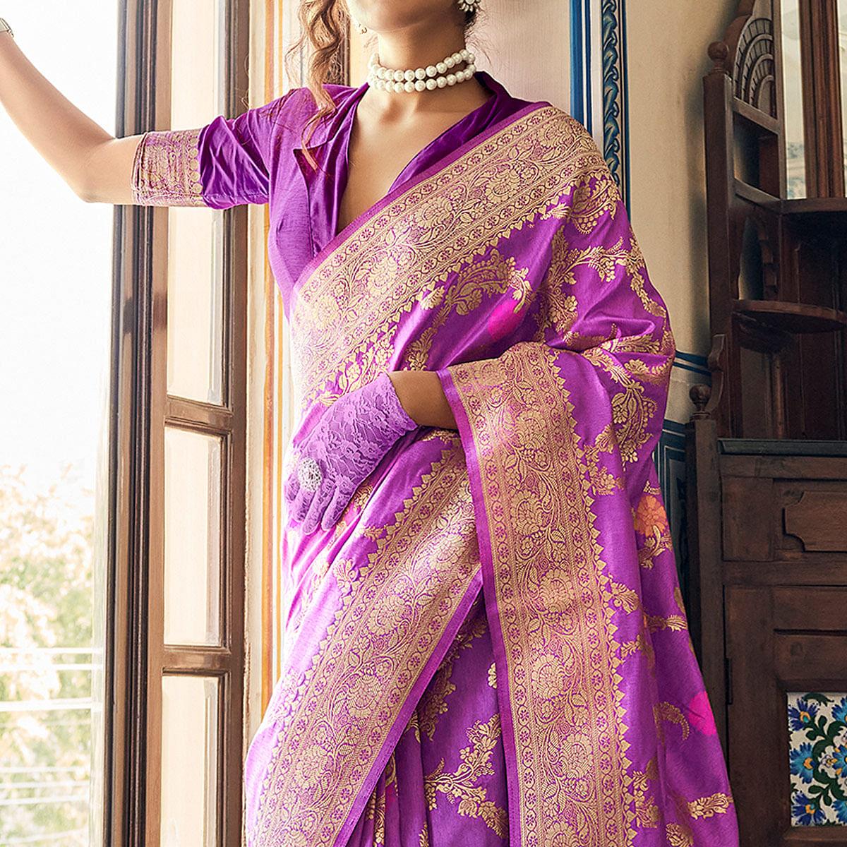Purple Festive Wear Woven Silk Saree With Tassels - Peachmode