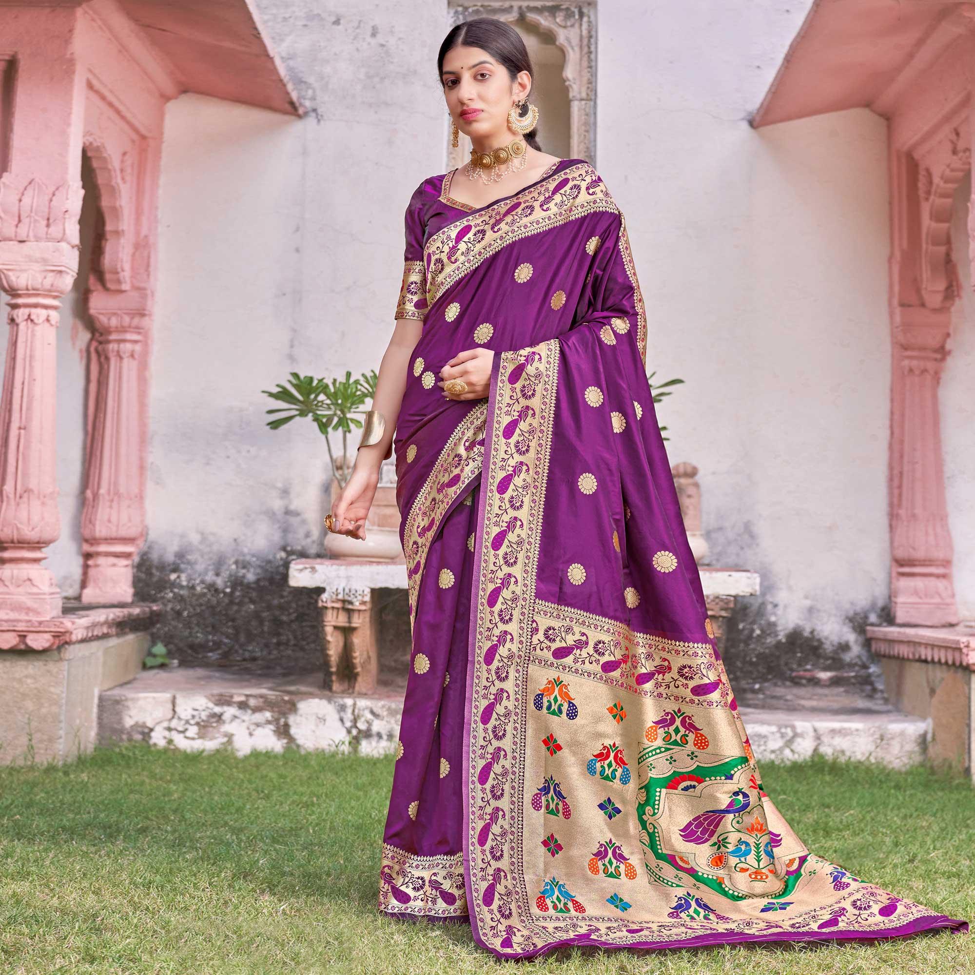 Purple Festive Wear Woven Soft Banarasi Silk Saree - Peachmode