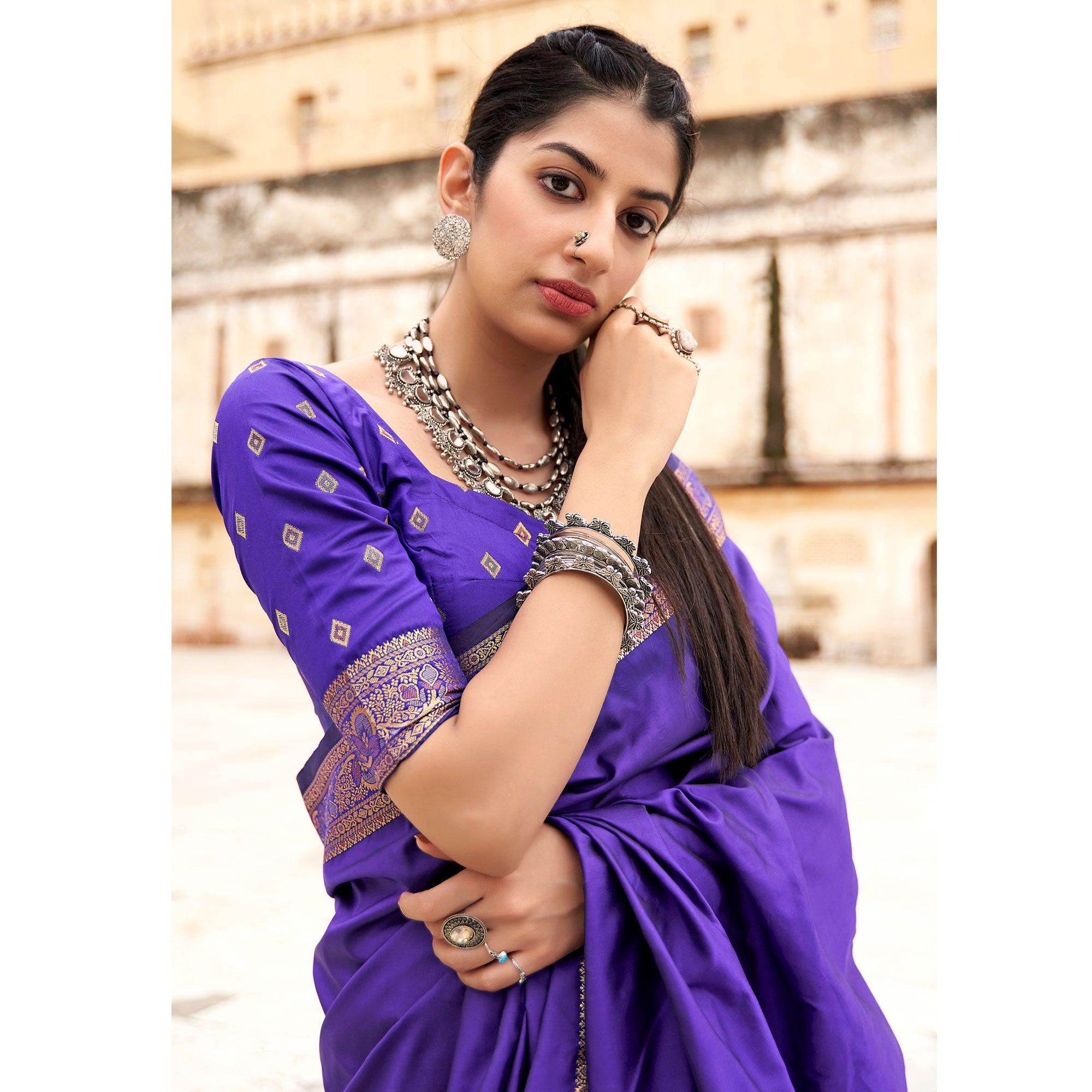Purple Festive Wear Woven Soft Banarasi Silk Saree - Peachmode