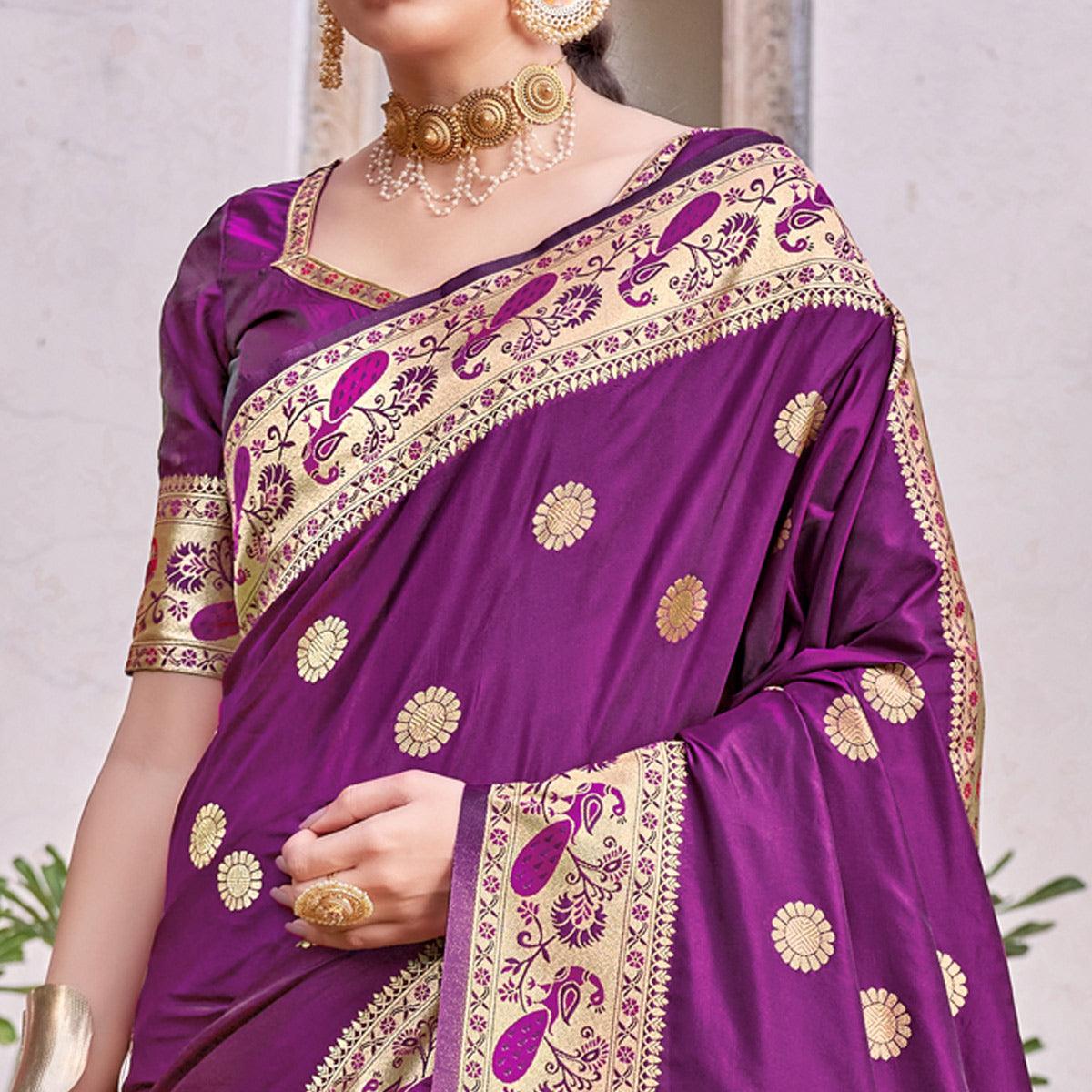 Purple Festive Wear Woven Soft Banarasi Silk Saree - Peachmode