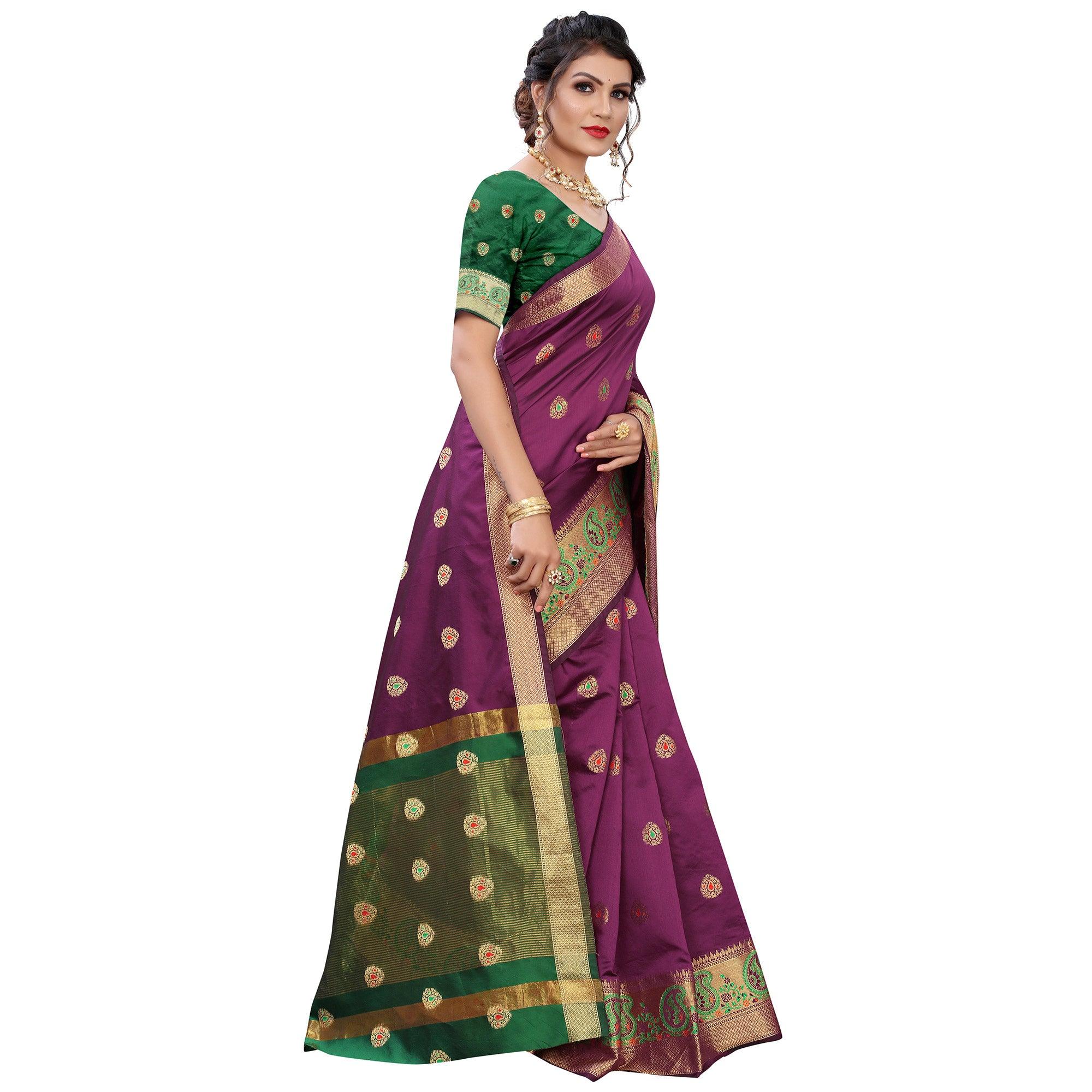 Purple Festive Wear Woven With Meena Butta Lining Pallu Soft Silk Saree - Peachmode