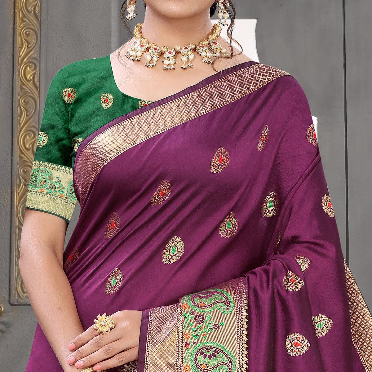 Purple Festive Wear Woven With Meena Butta Lining Pallu Soft Silk Saree - Peachmode