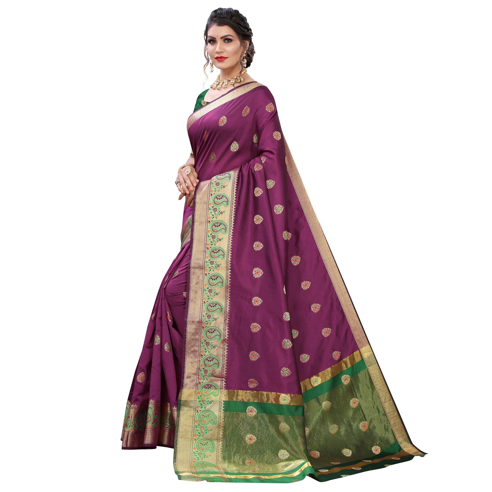 Purple Festive Wear Woven With Meena Butta Lining Pallu Soft Silk Saree - Peachmode