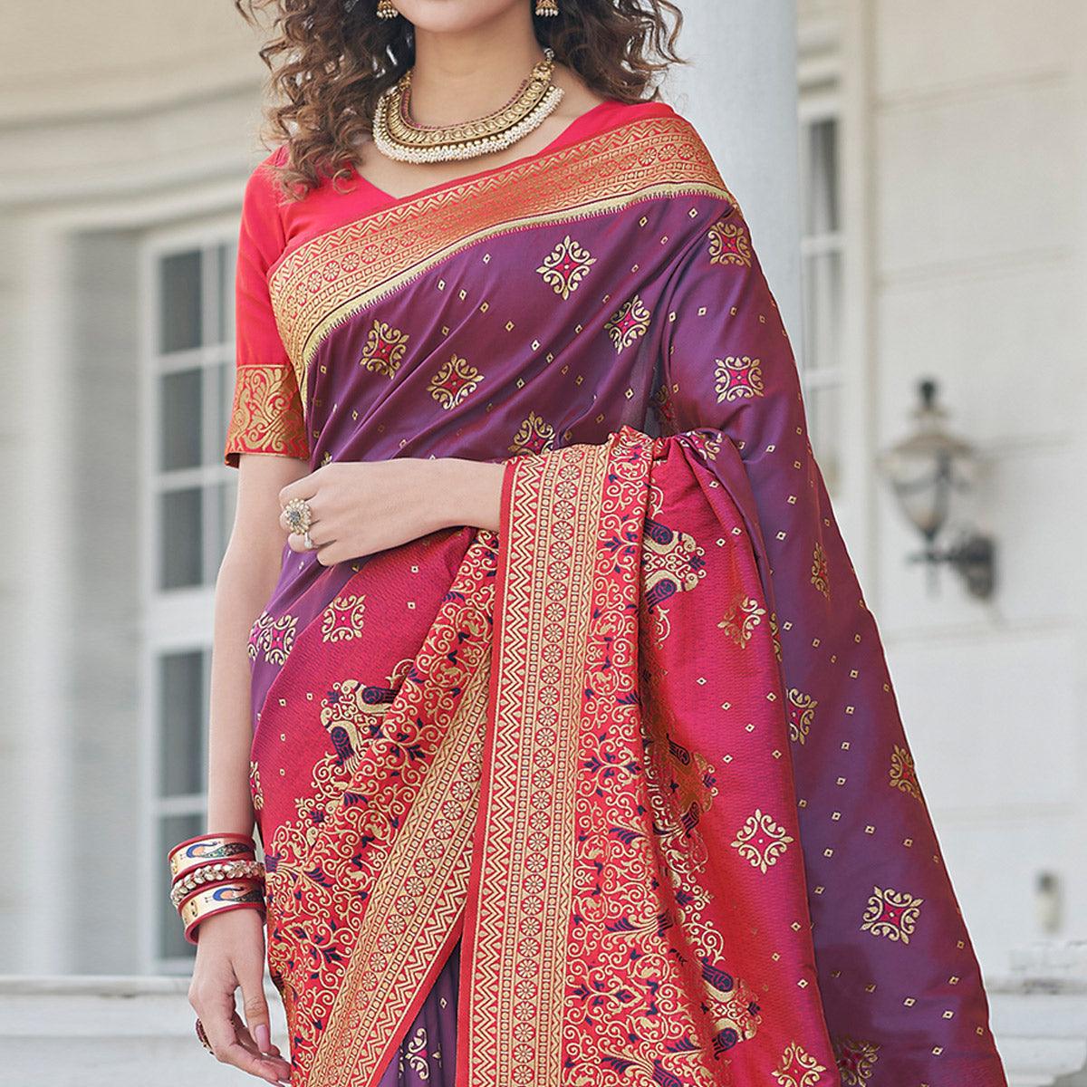 Purple Festive Wear Zari Woven Banarasi Silk Saree - Peachmode