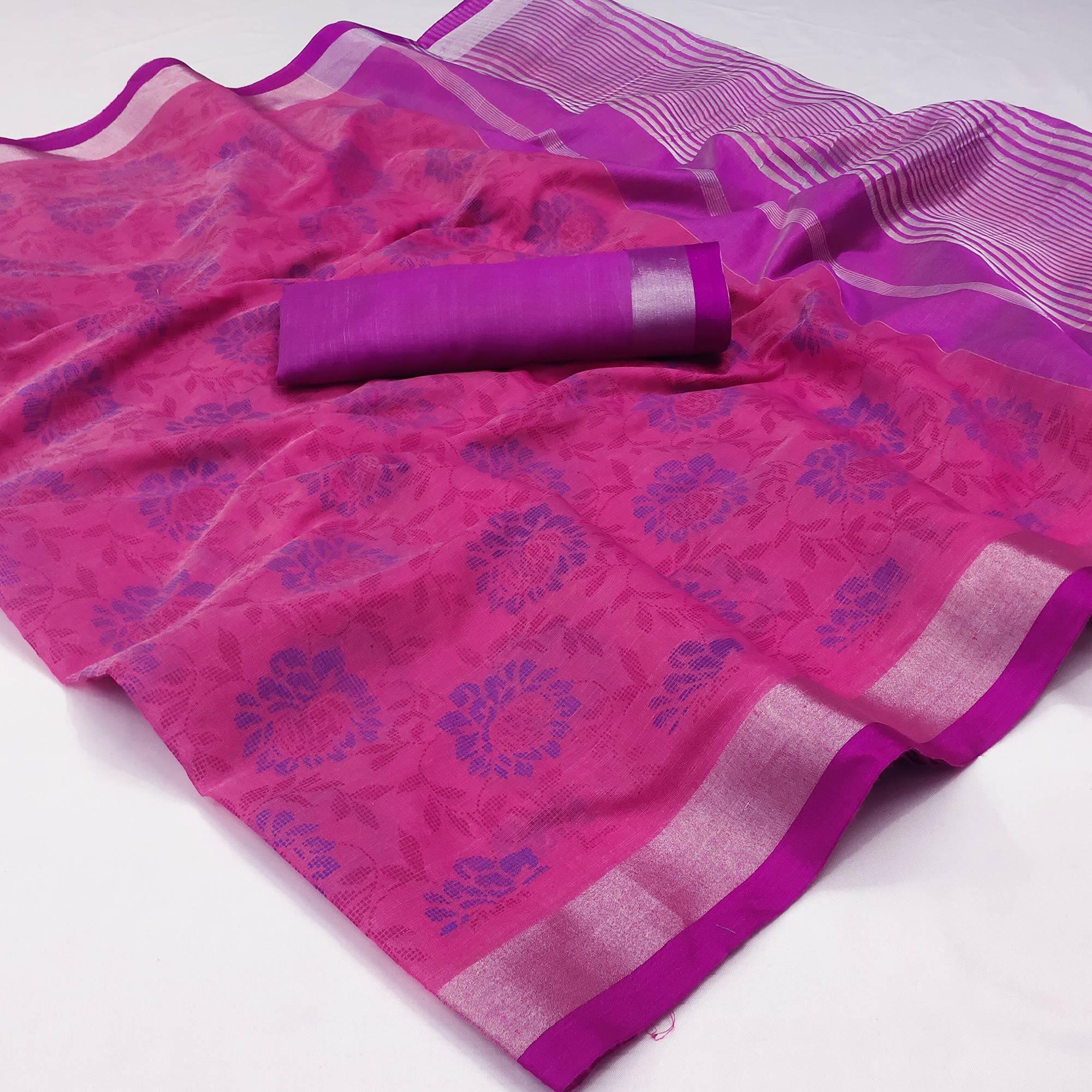 Purple Floral Block Printed Chanderi Saree - Peachmode